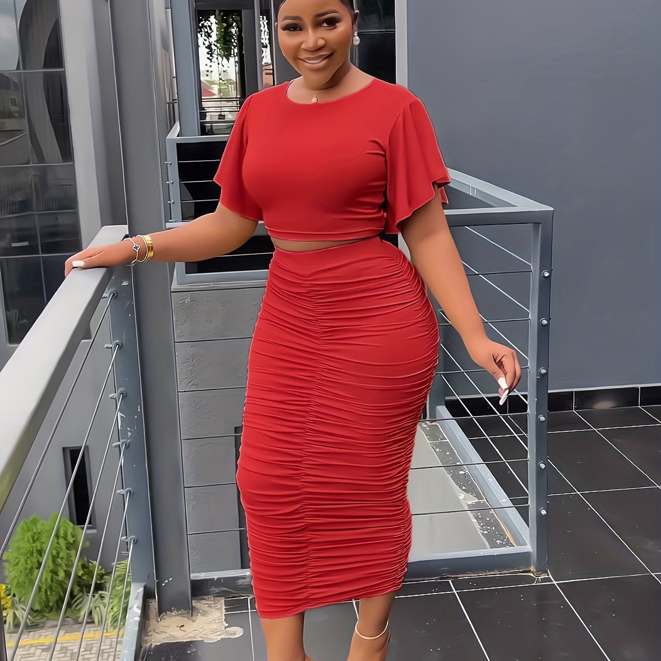 Sixsr T-shirt & Bodycon Skirts Solid Two-piece Set, Flared Sleeve Crop T-shirt & Ruched Midi Skirts, Women's Clothing