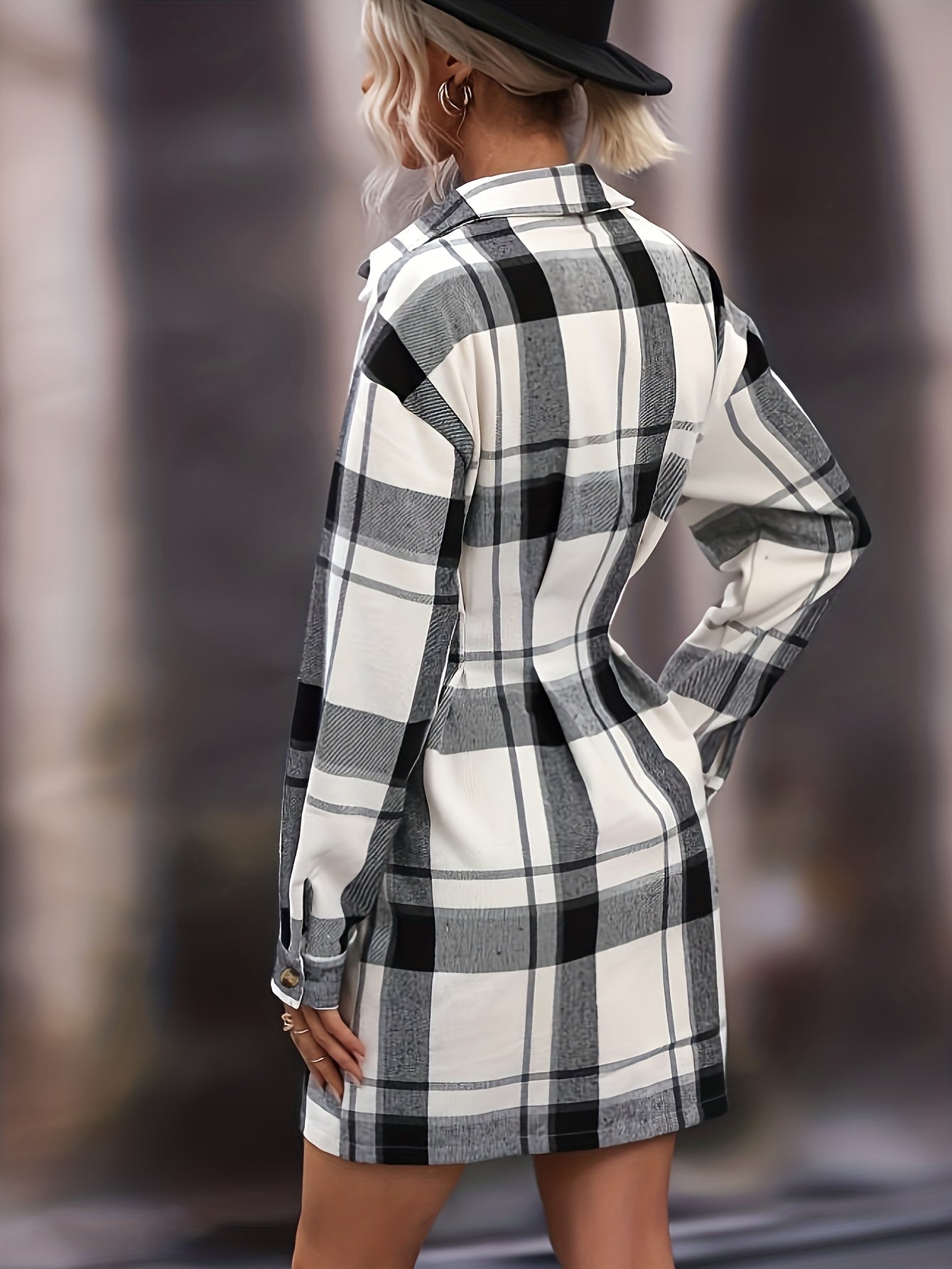 Sixsr Plaid Print Shirt Dress, Casual Button Front Long Sleeve Dress, Women's Clothing