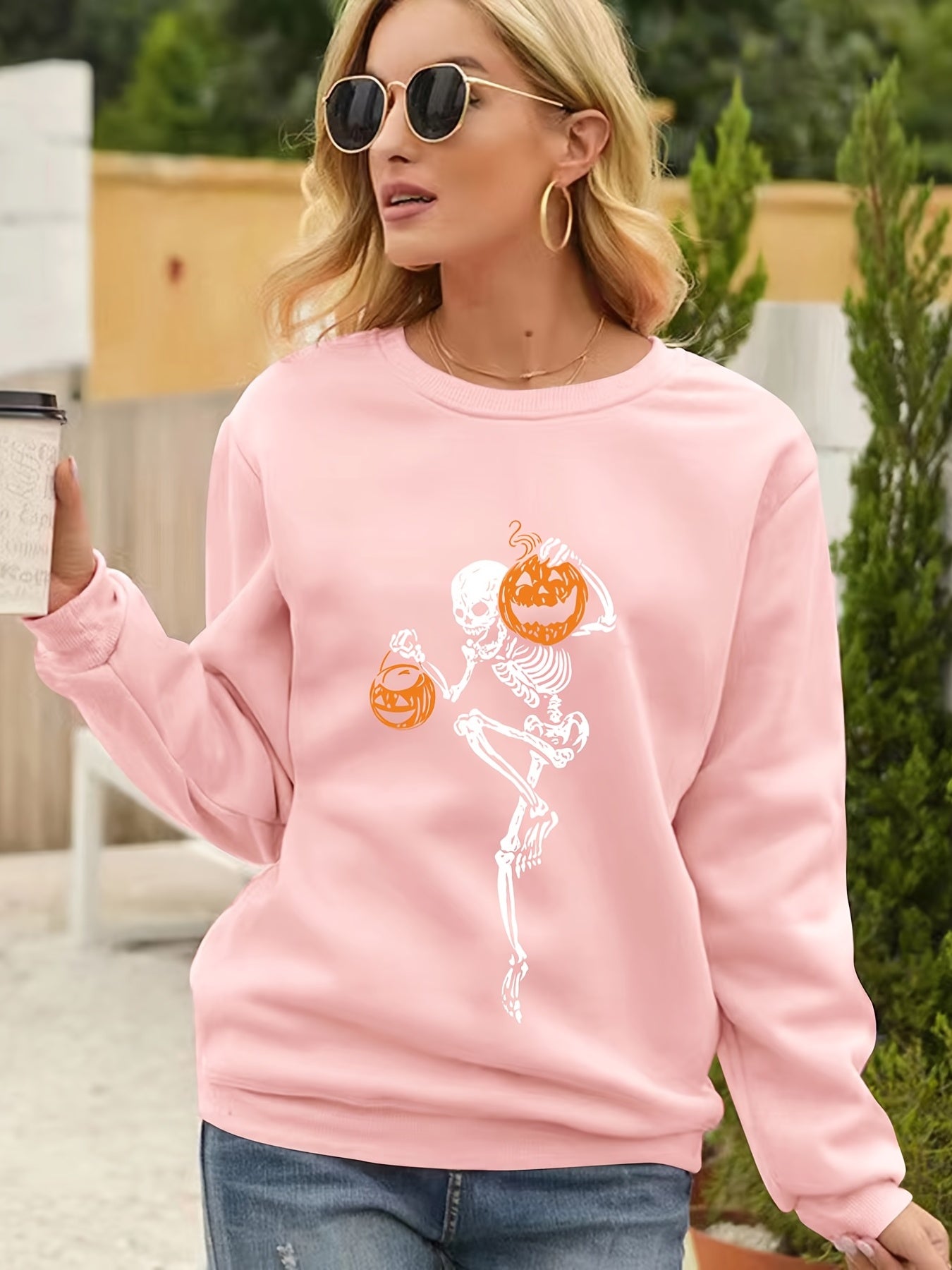 Sixsr Halloween Skull Print Pullover Sweatshirt, Casual Long Sleeve Crew Neck Sweatshirt For Spring & Fall, Women's Clothing