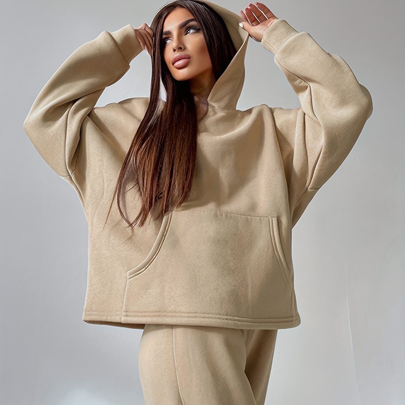 Sixsr Solid Casual Two-piece Set, Long Sleeve Loose Hoodies & Long Length Pants Outfits, Women's Clothing
