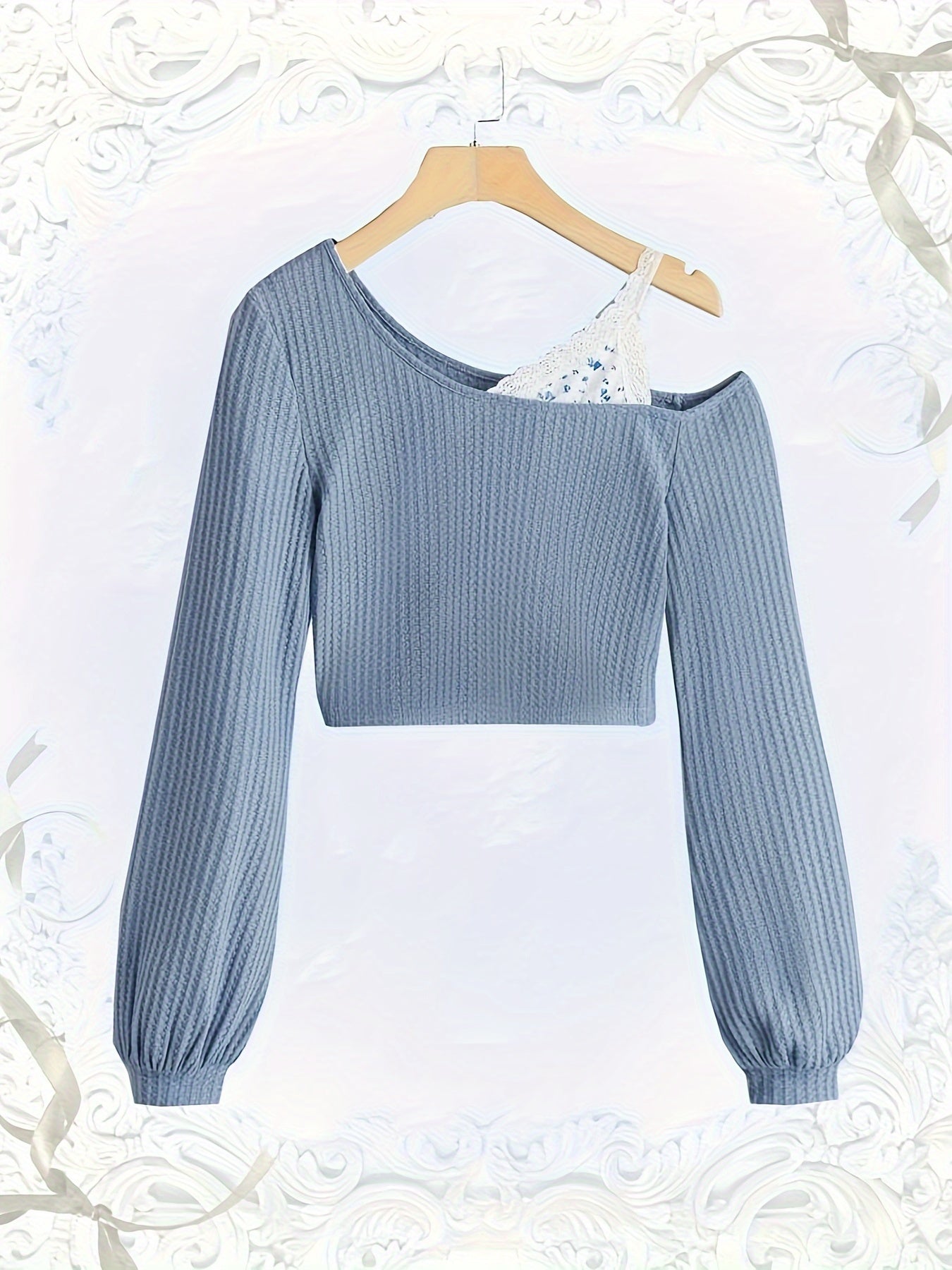 Sixsr Cold Shoulder Contrast Lace T-shirt, Elegant Long Sleeve T-shirt, Women's Clothing