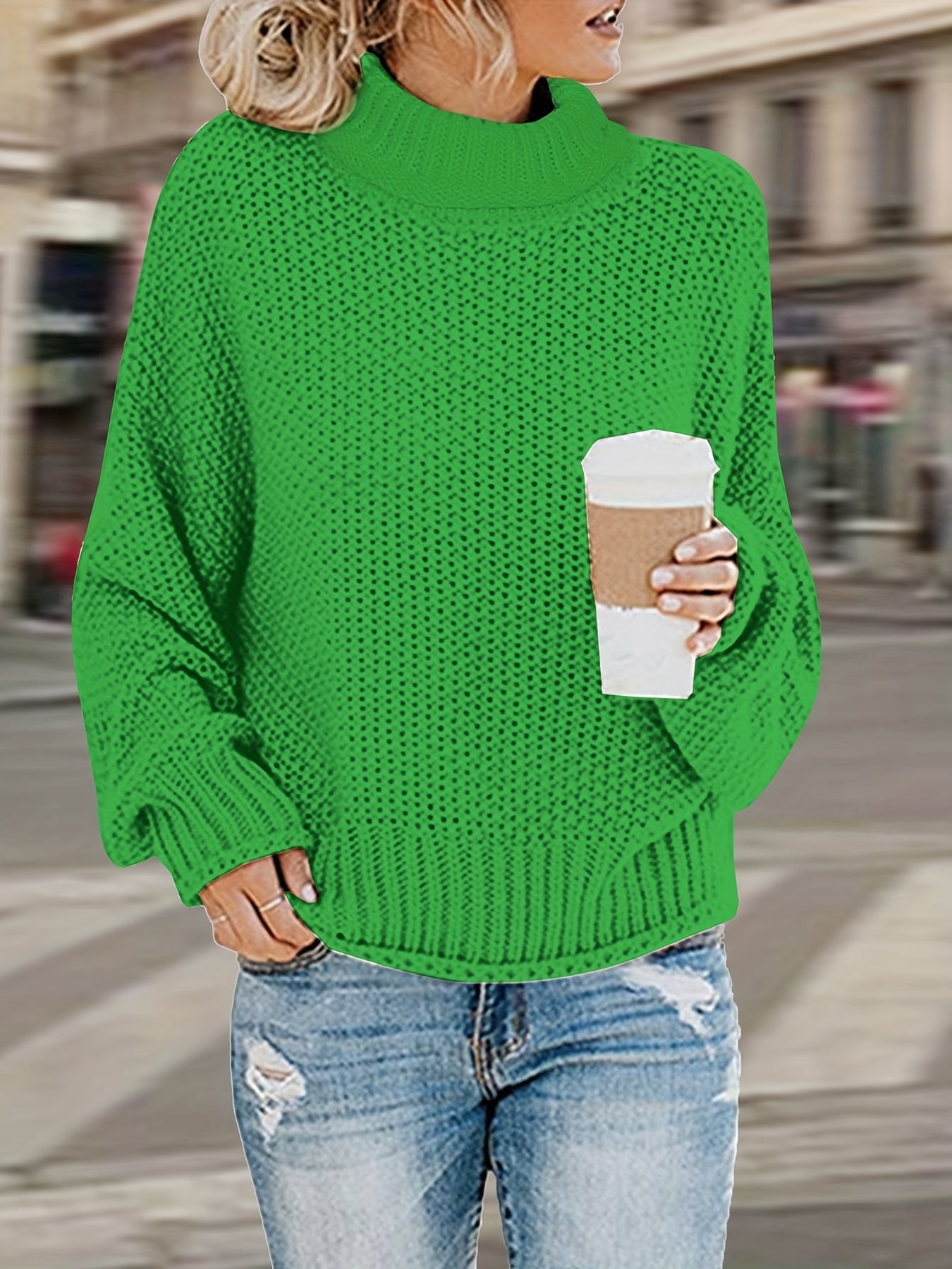 Sixsr Plus Size Casual Sweater, Women's Plus Solid Long Sleeve Turtle Neck Medium Stretch Sweater