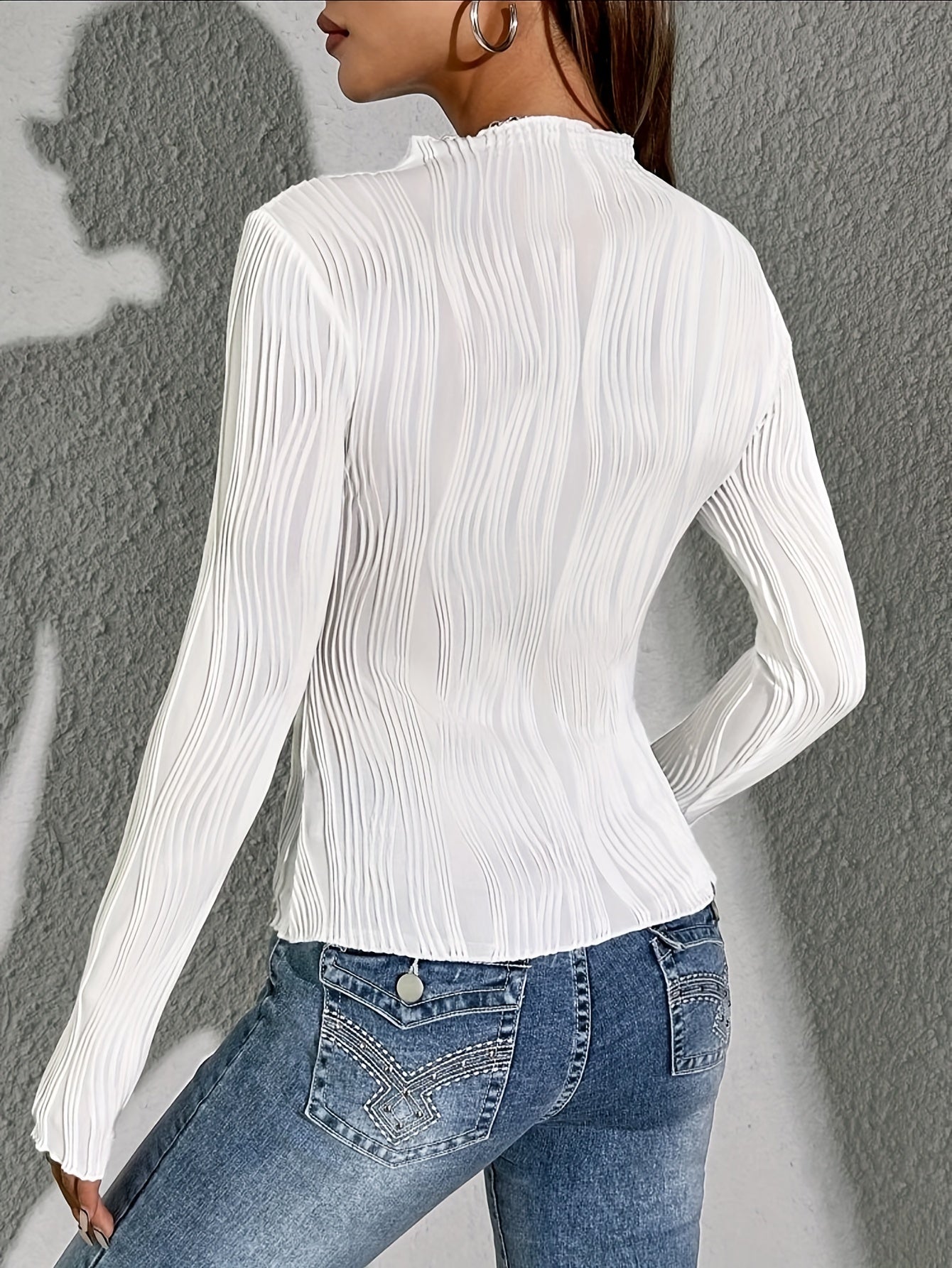 Sixsr Textured Mock Neck T-Shirt, Casual Long Sleeve Top For Spring & Fall, Women's Clothing