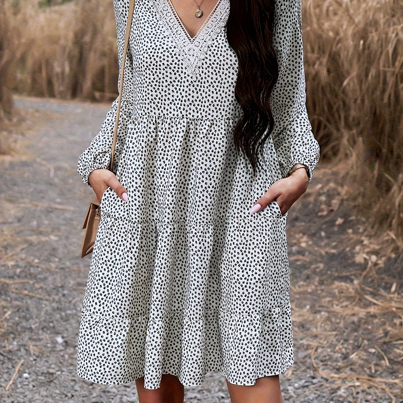Sixsr All Over Print V Neck Dress, Casual Long Sleeve Lace Trim Dress, Women's Clothing