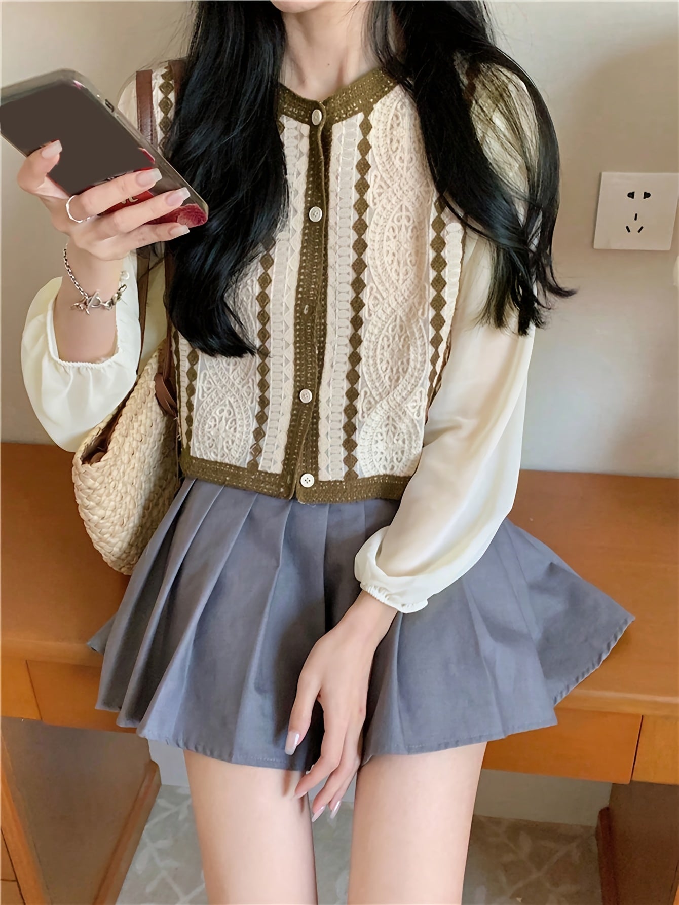 Sixsr Contrast Trim Button Front Blouse, Elegant Long Sleeve Blouse For Spring & Fall, Women's Clothing