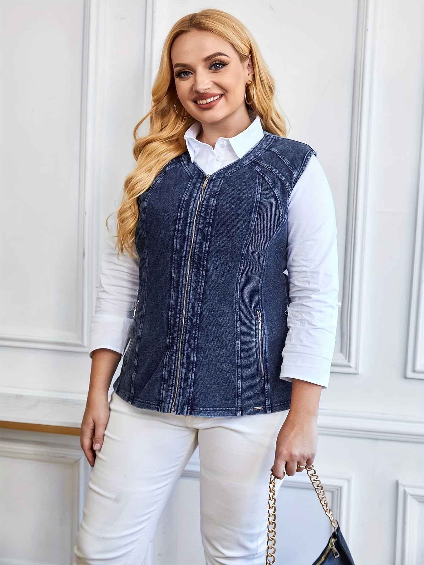 Sixsr Plus Size Casual Vest, Women's Plus Round Neck Slight Stretch Zipper Vest With Pockets