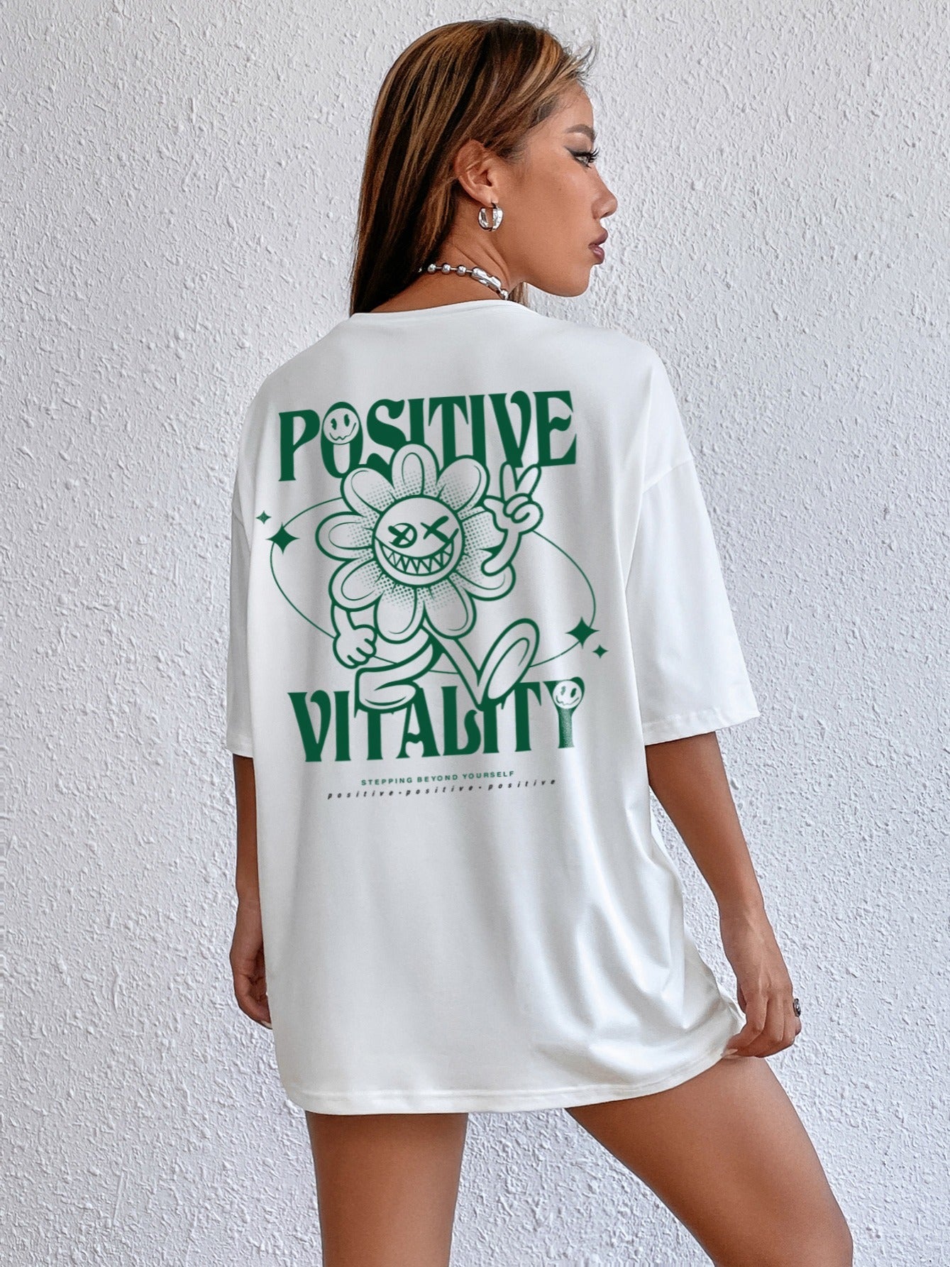 Sixsr Women's T-shirt Casual Crew Neck Flower English Print Short Sleeve Loose Fashion Summer T-shirt