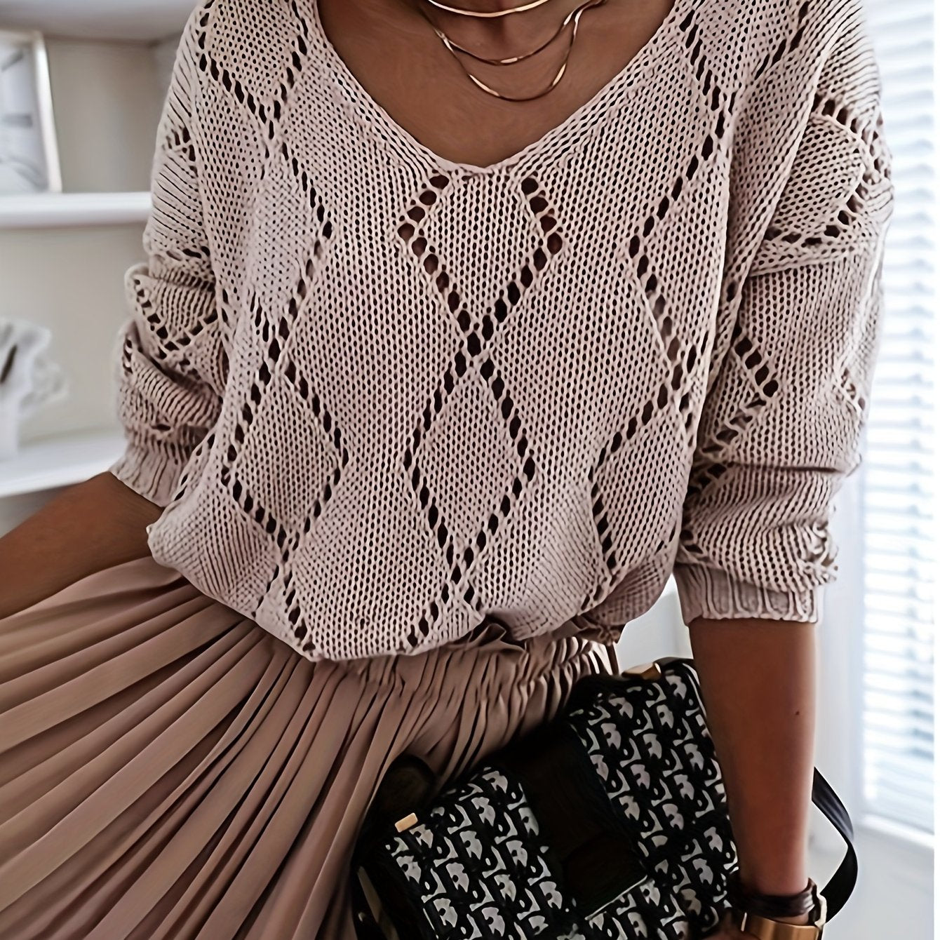 Sixsr Long Sleeve Hollow Out Sweater, V Neck Casual Sweater, Women's Clothing