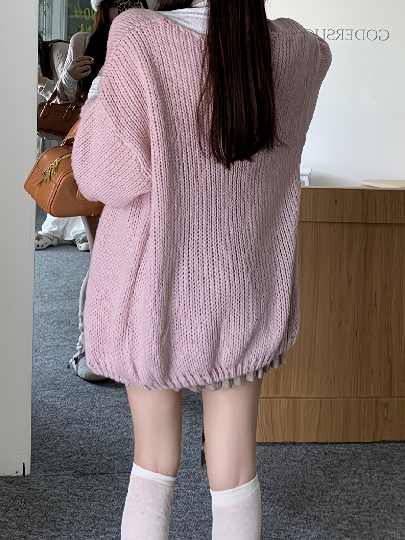 Sixsr Solid Open Front Knit Cardigan, Casual Lantern Sleeve Loose Slouchy Sweater, Women's Clothing