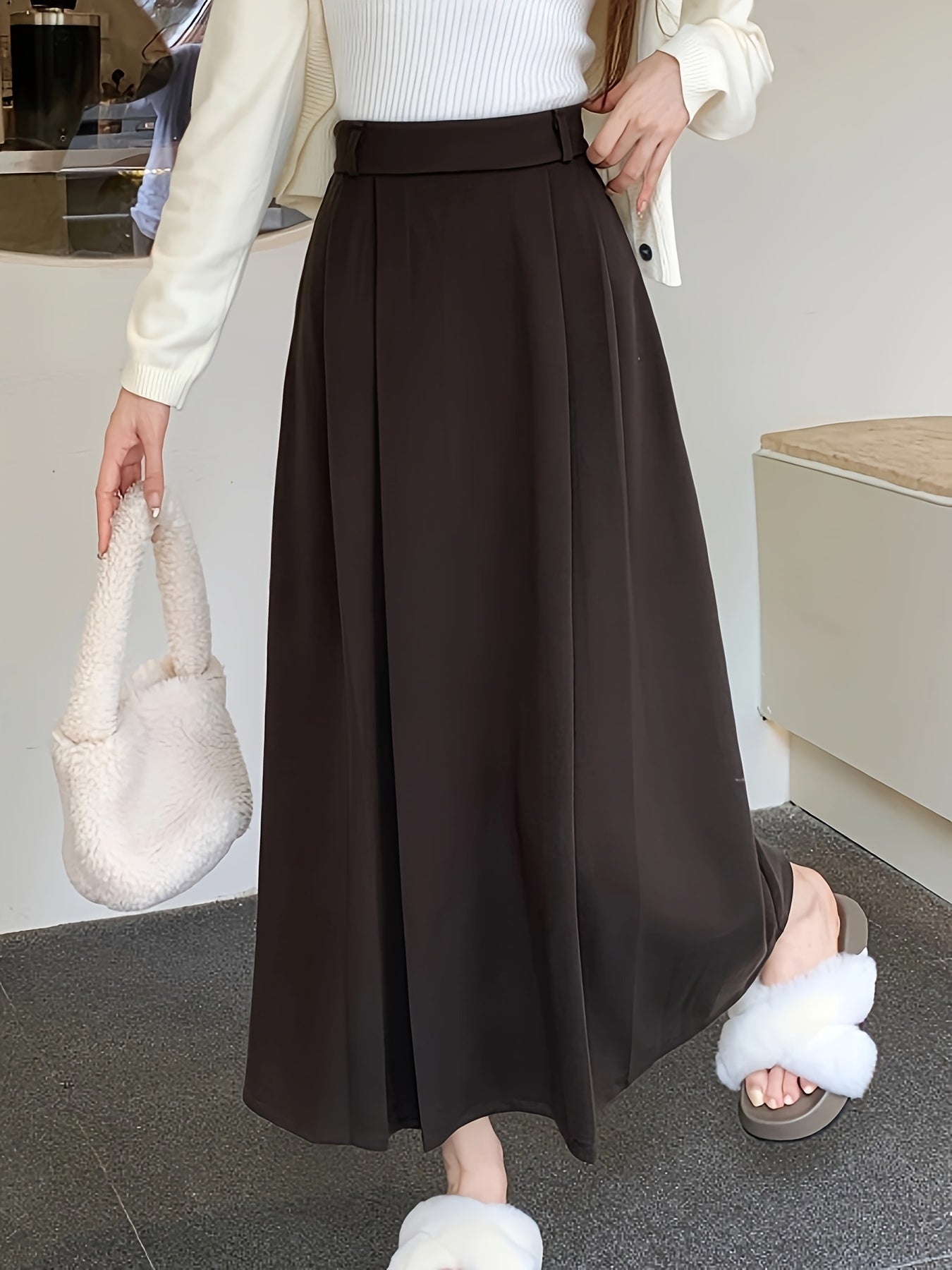 Sixsr Solid High Waist Skirt, Casual Flared Midi Skirt For Fall & Winter, Women's Clothing