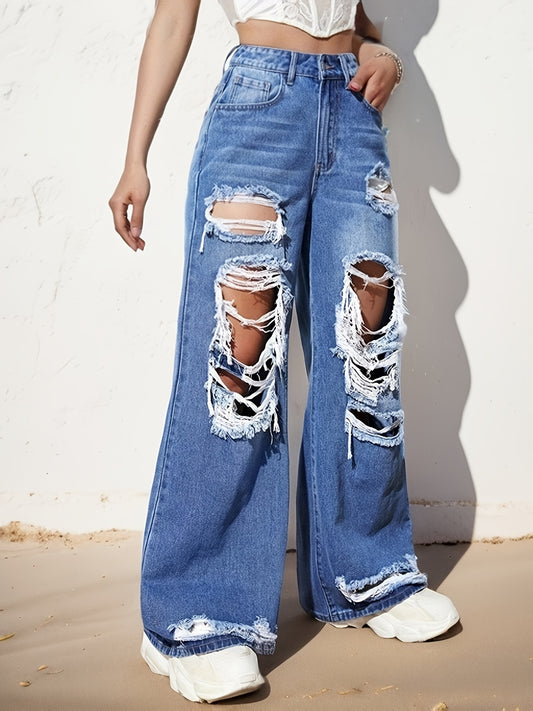 Sixsr  Ripped Straight Leg Loose Fit Jeans, High Rise Wide Legs Distressed Denim Pants, Women's Denim Jeans & Clothing