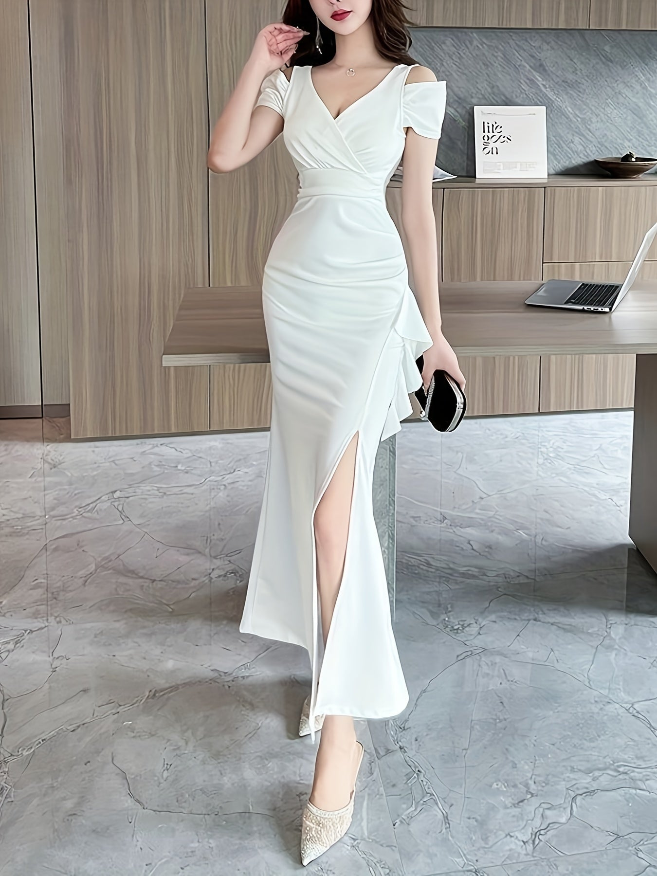 Ruffle Trim Cold Shoulder Bodycon Dress, Elegant V Neck Split Hem Short Sleeve Dress, Women's Clothing