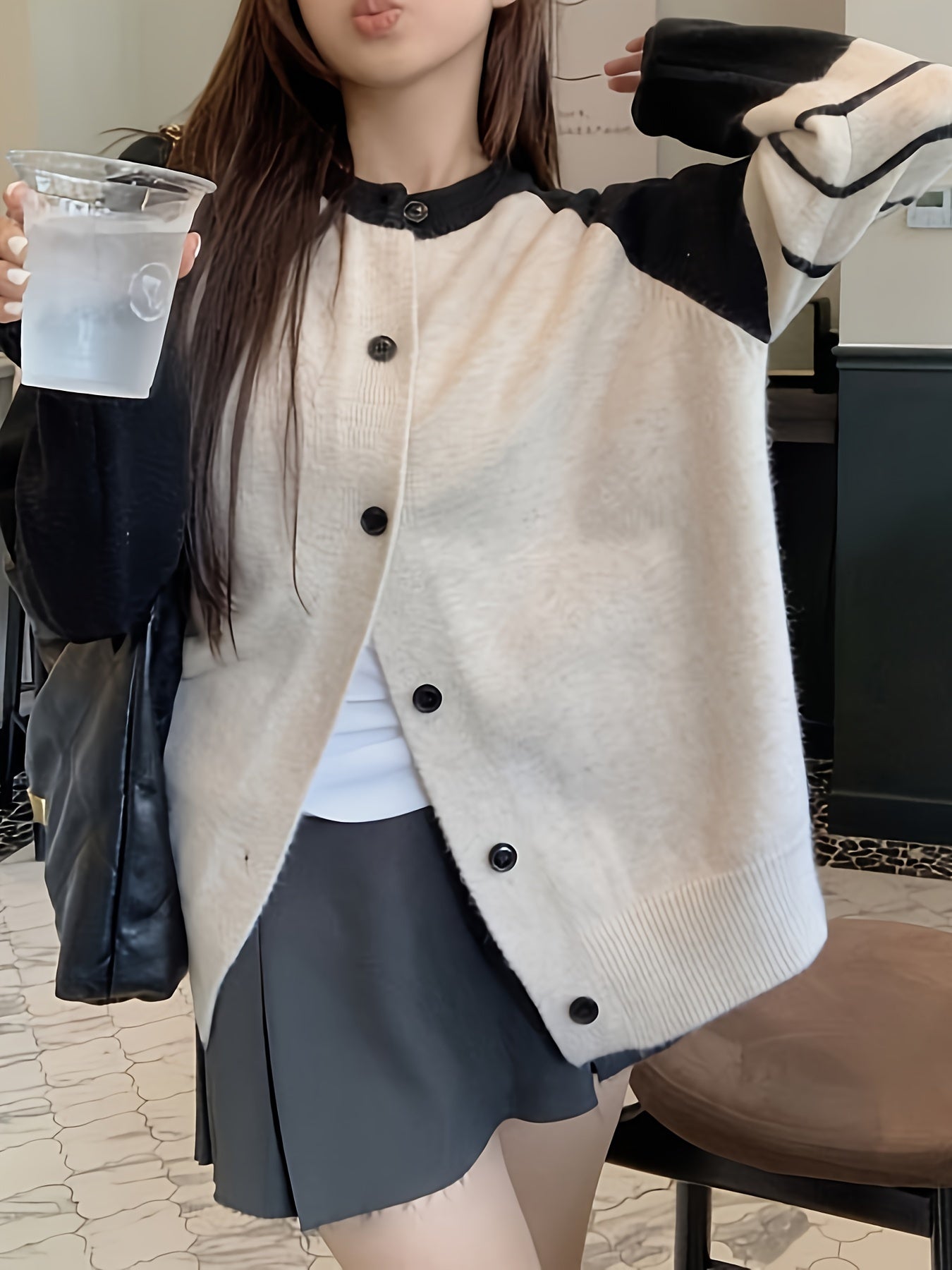 Sixsr Color Block Button Up Knit Cardigan, Casual Crew Neck Long Sleeve Sweater, Women's Clothing