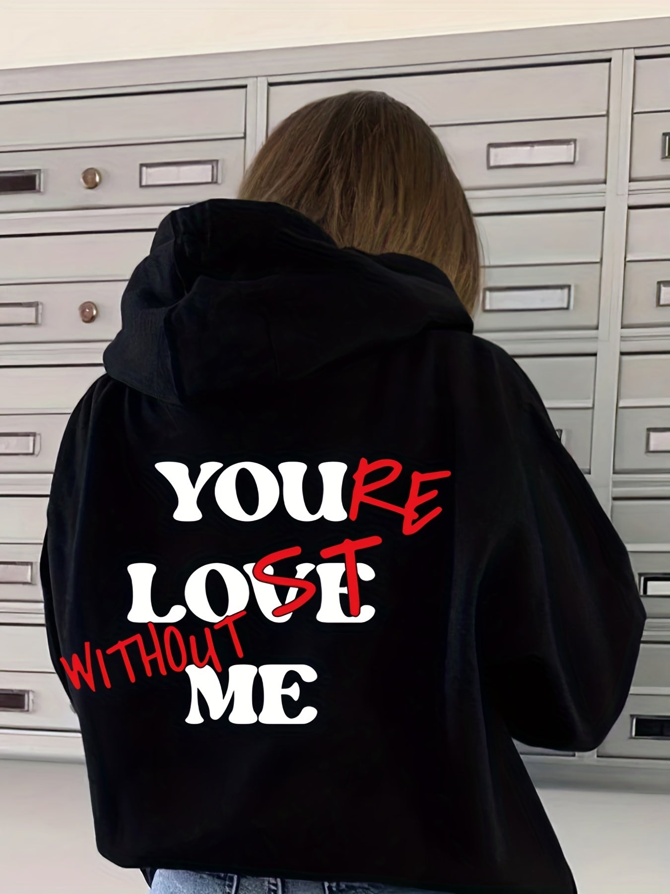 Sixsr Letter Print Back Hoodies, Casual Kangaroo Pocket Long Sleeve Sweatshirt, Women's Clothing