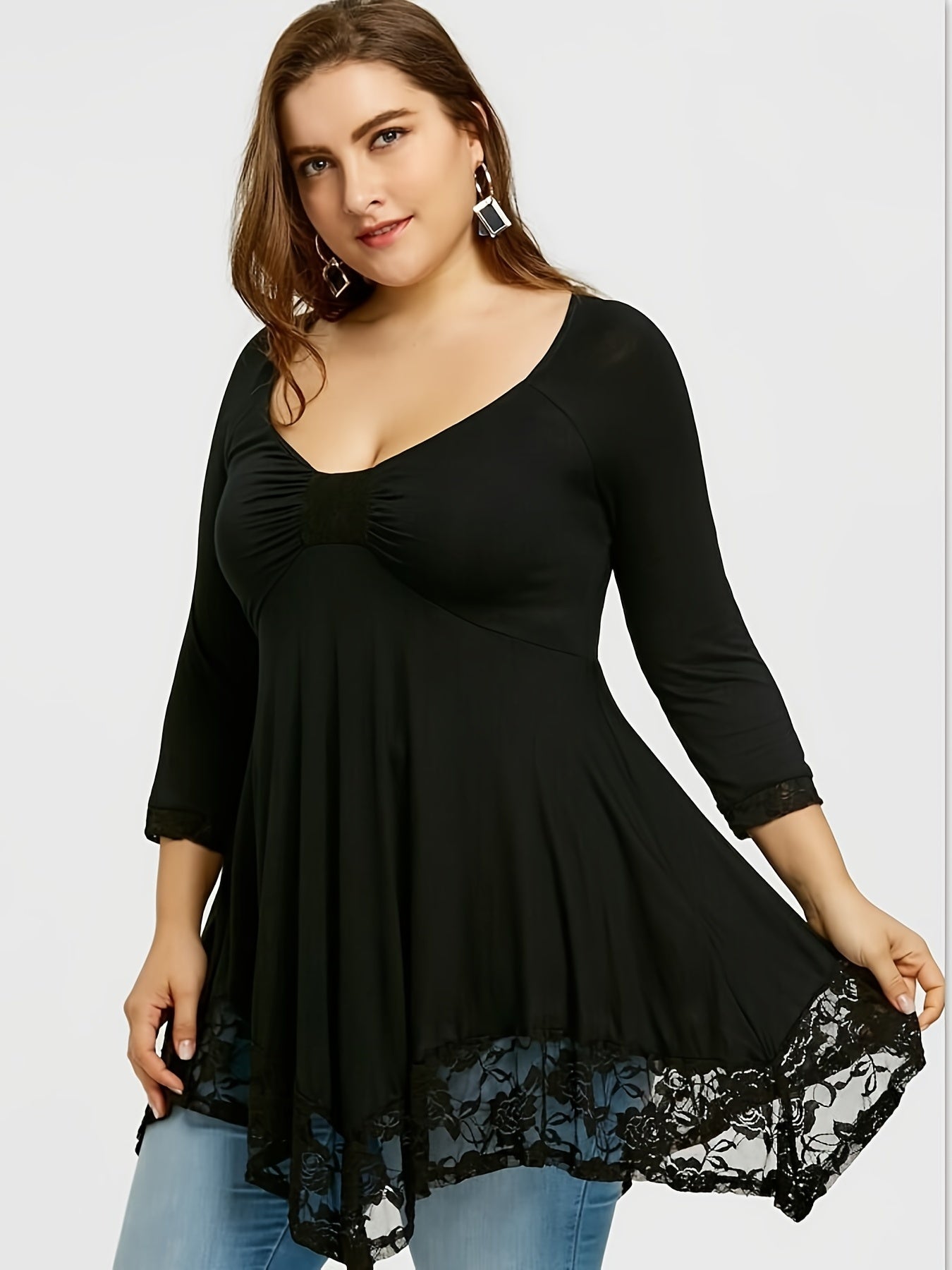Sixsr Plus Size Floral Jacquard Contrast Lace Solid Tops, Women's Plus Round Neck Long Sleeve Elegant Top