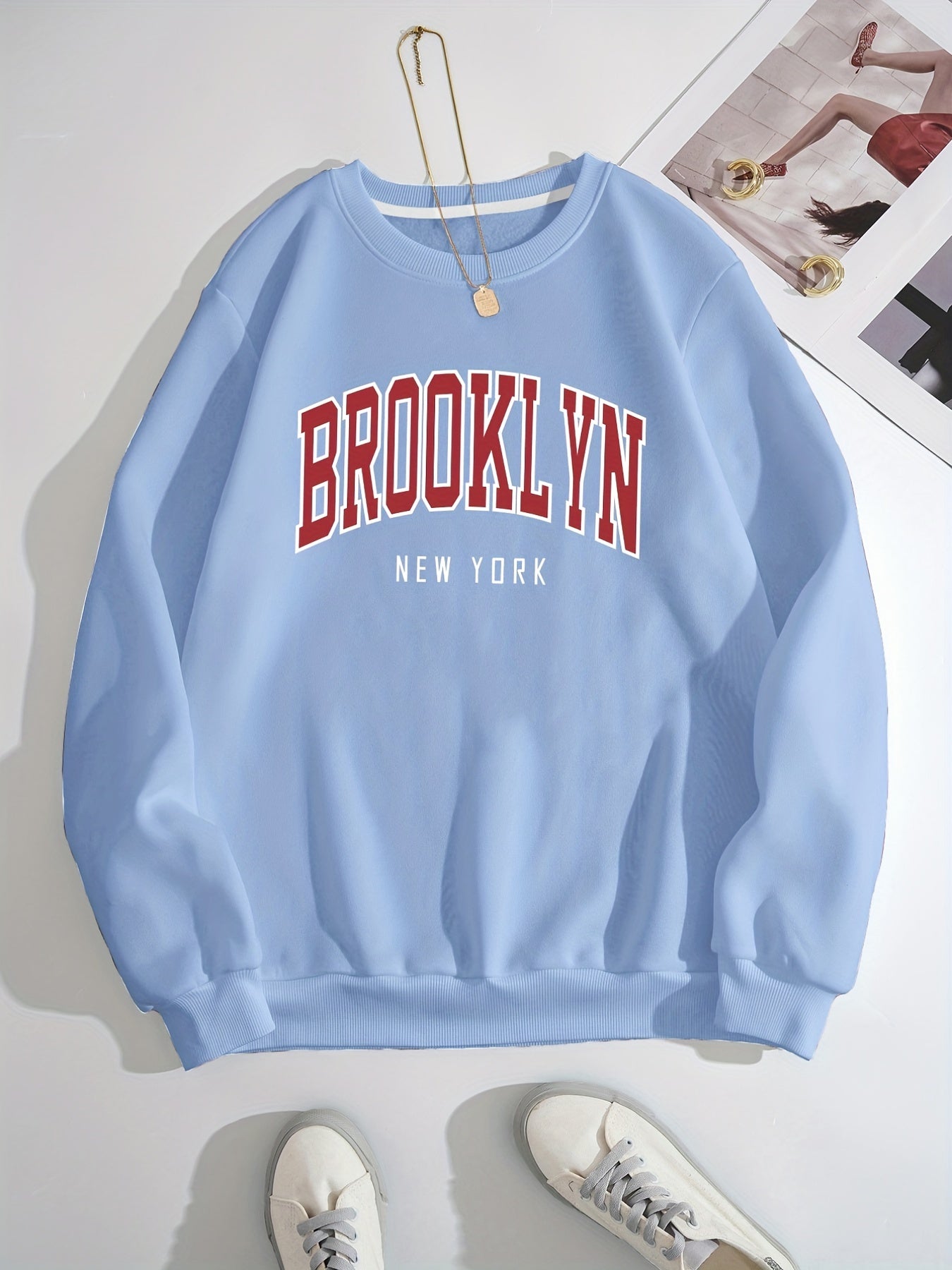 Sixsr Brooklyn Print Solid Pullover, Crew Neck Long Sleeve Casual Sweatshirt, Women's Clothing