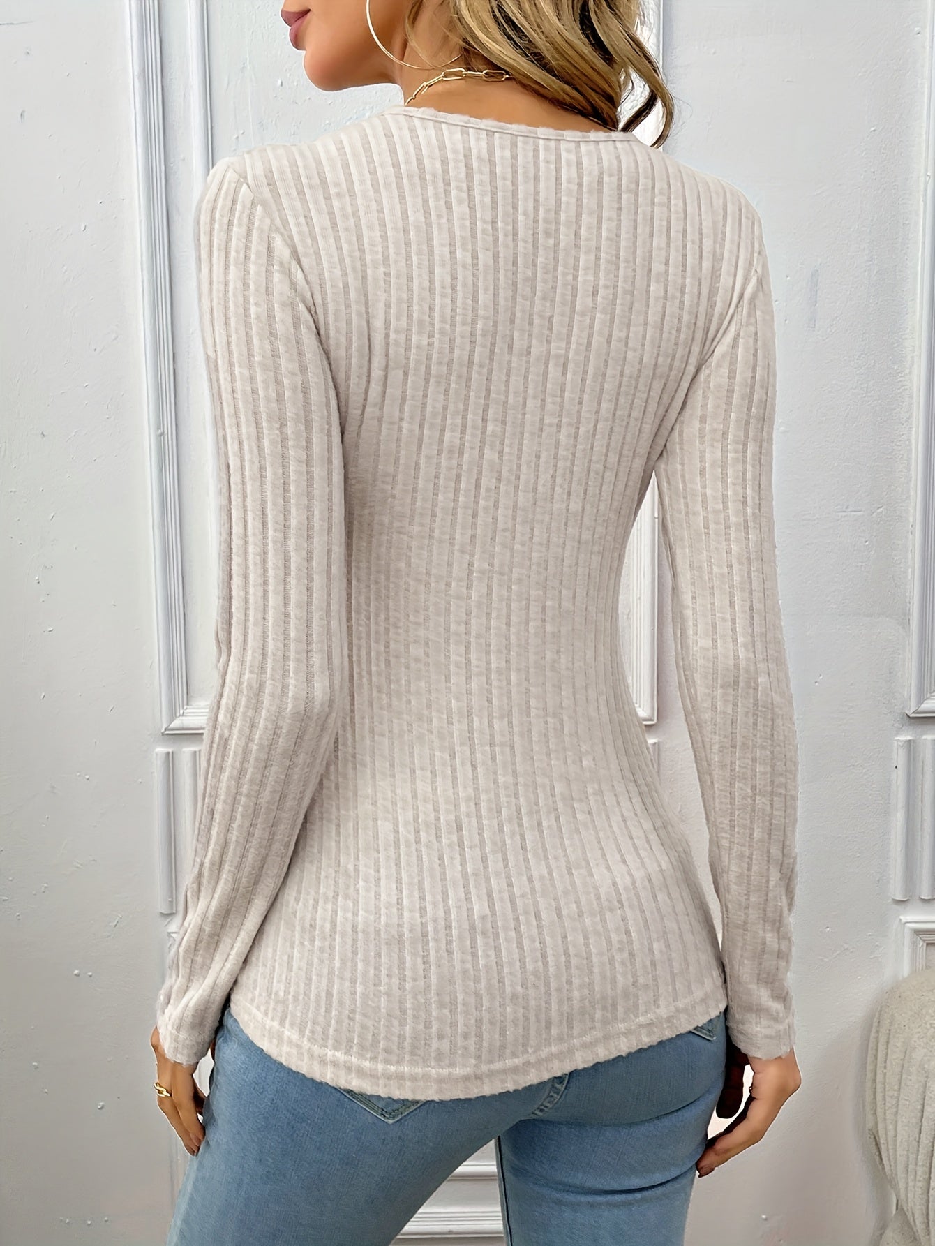 Sixsr Solid Rib Knit Sweater, Casual V Neck Slim Long Sleeve Sweater, Women's Clothing