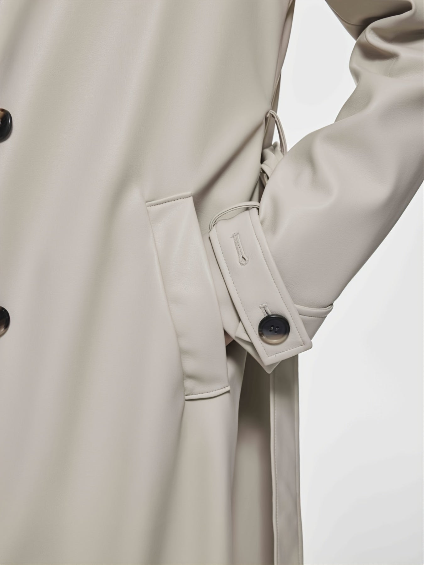 Sixsr Solid Faux Leather Double Lapel Long Sleeve Trench Coat, Fashion Fall Winter Overcoat, Women's Clothing