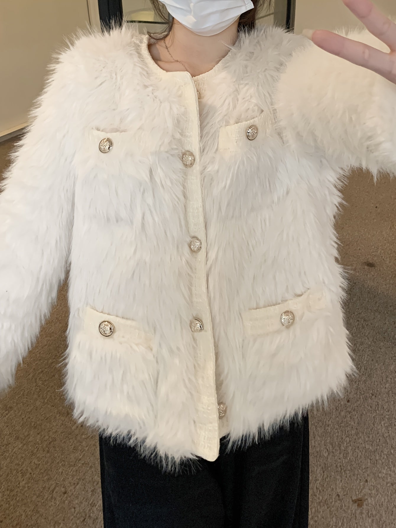 Sixsr Faux Fur Button Front Coat, Chic Thermal Long Sleeve Coat For Fall & Winter, Women's Clothing
