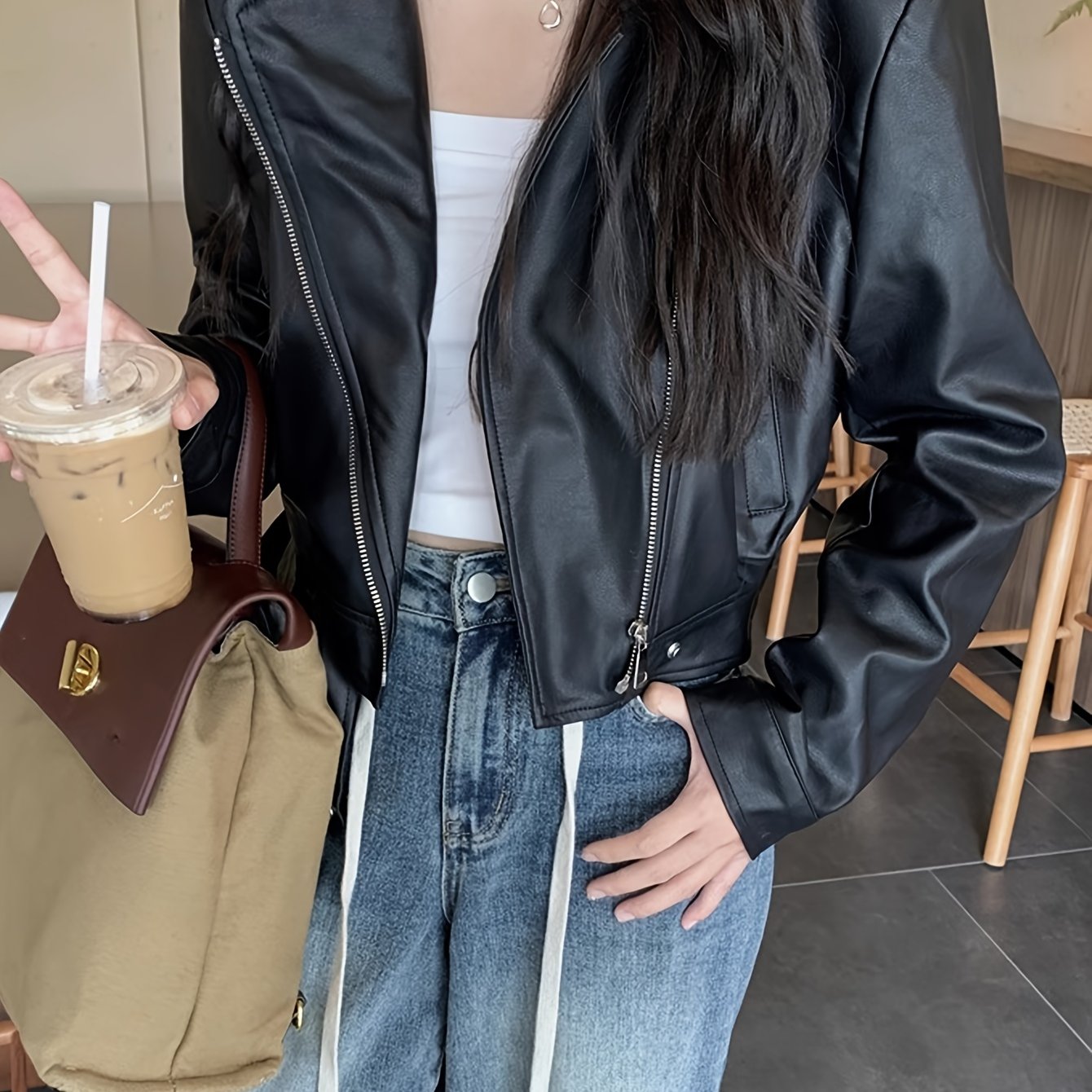 Sixsr Faux Leather Zip-up Jacket, Casual Long Sleeve Crop Biker Jacket For Fall & Winter, Women's Clothing