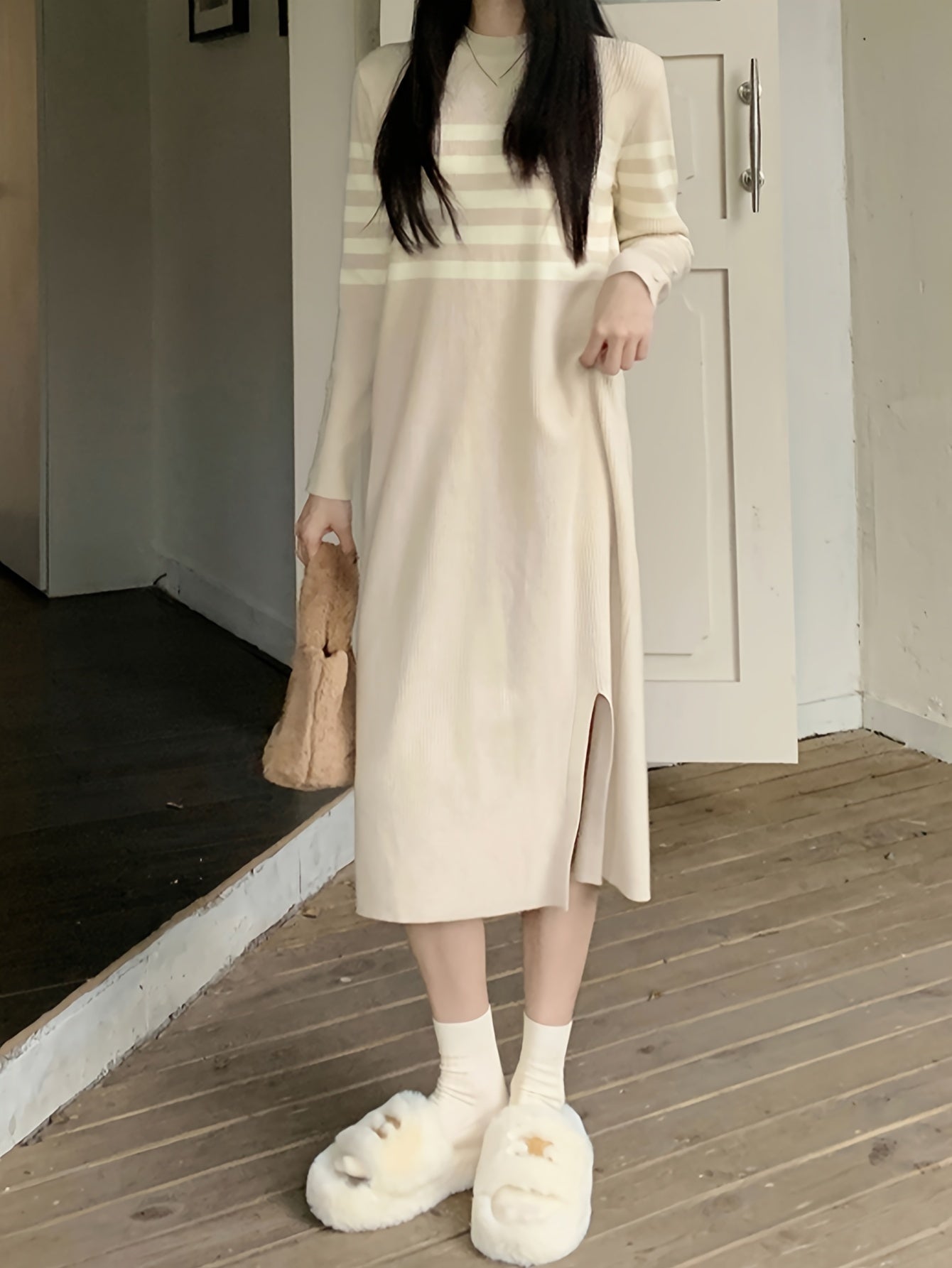 Sixsr Striped Pattern Split Hem Dress, Casual Long Sleeve Dress For Spring & Fall, Women's Clothing