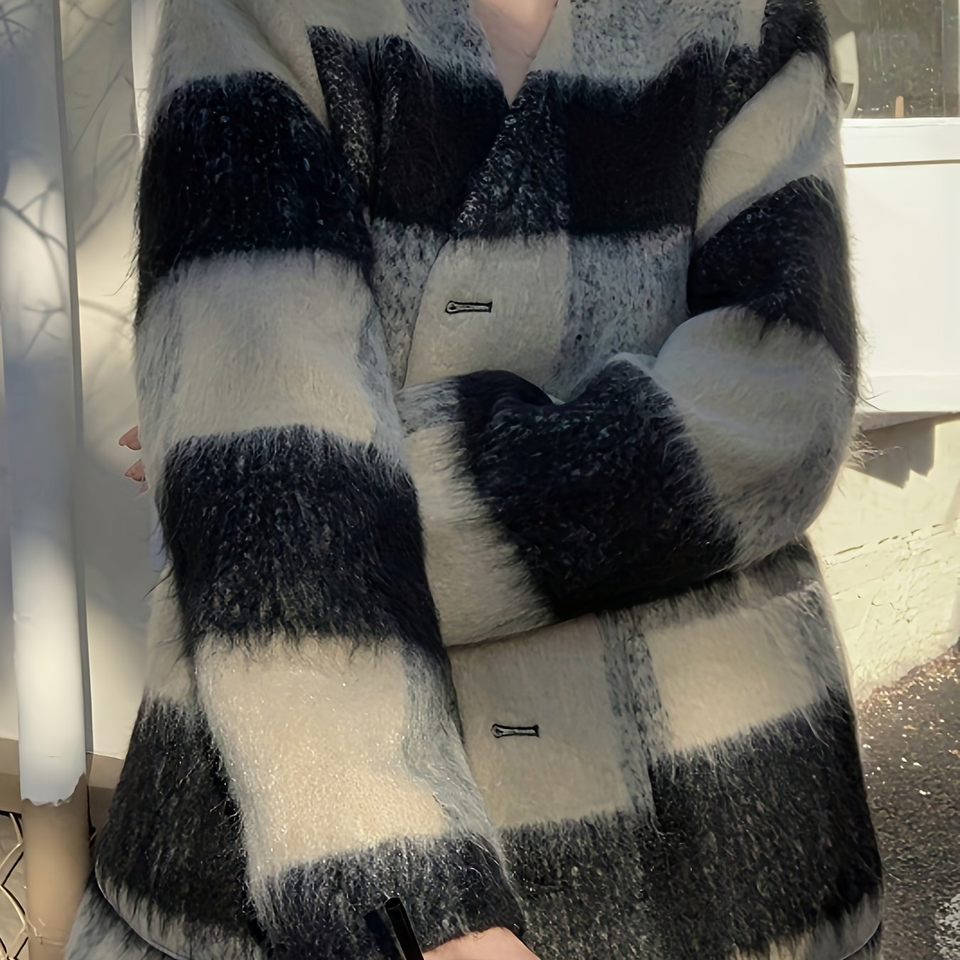 Sixsr Plaid Print Button Front Coat, Chic Long Sleeve Dual Pockets Cardigan For Fall & Winter, Women's Clothing