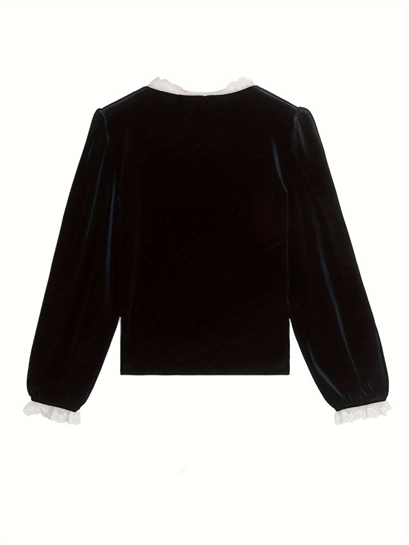 Sixsr Lace Stitching V-neck Velvet Blouse, Vintage Long Sleeve Button Front Blouse For Spring & Fall, Women's Clothing