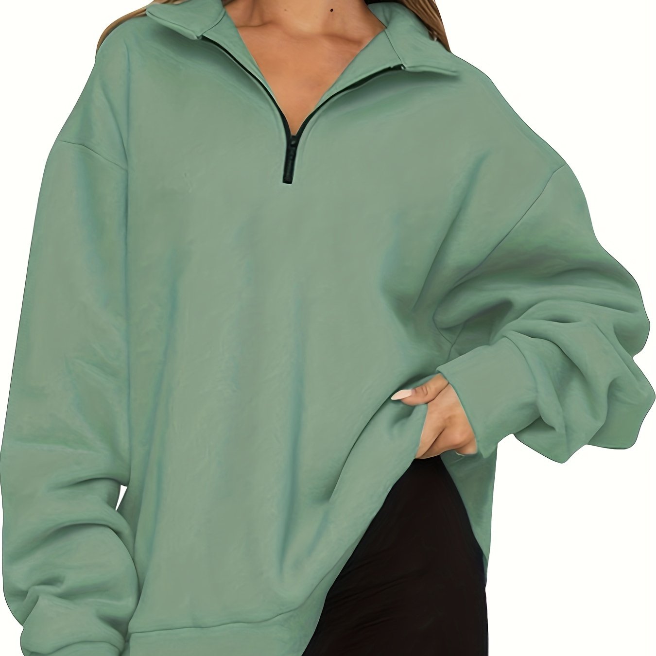 Sixsr Plus Size Casual Sweatshirt, Women's Plus Solid Long Sleeve Zip Up Lapel Collar Pullover Sweatshirt, Casual Tops For Fall & Winter, Women's Clothing