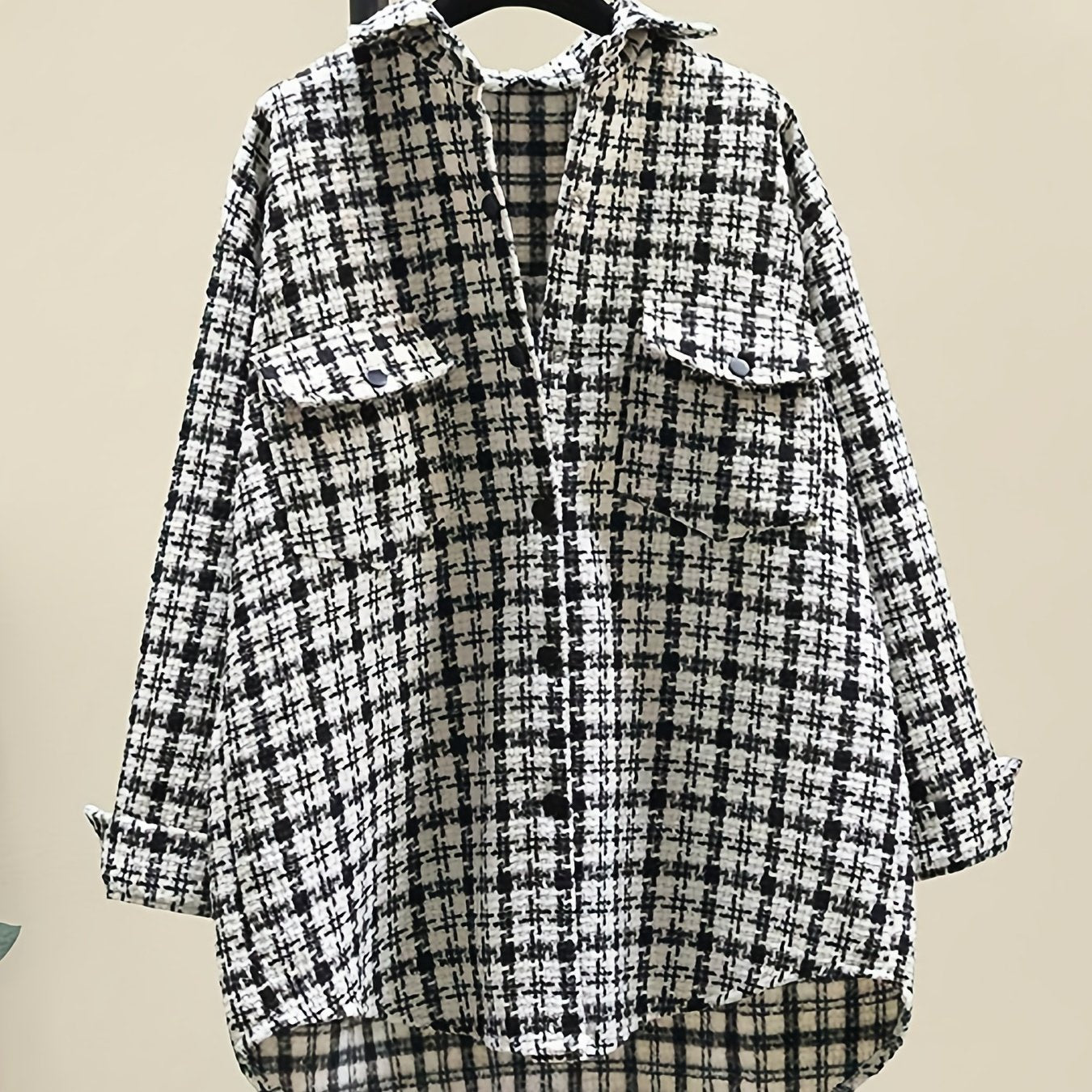 Sixsr Tweed Plaid Drop Shoulder Jacket, Elegant Long Sleeve Jacket For Fall & Winter, Women's Clothing