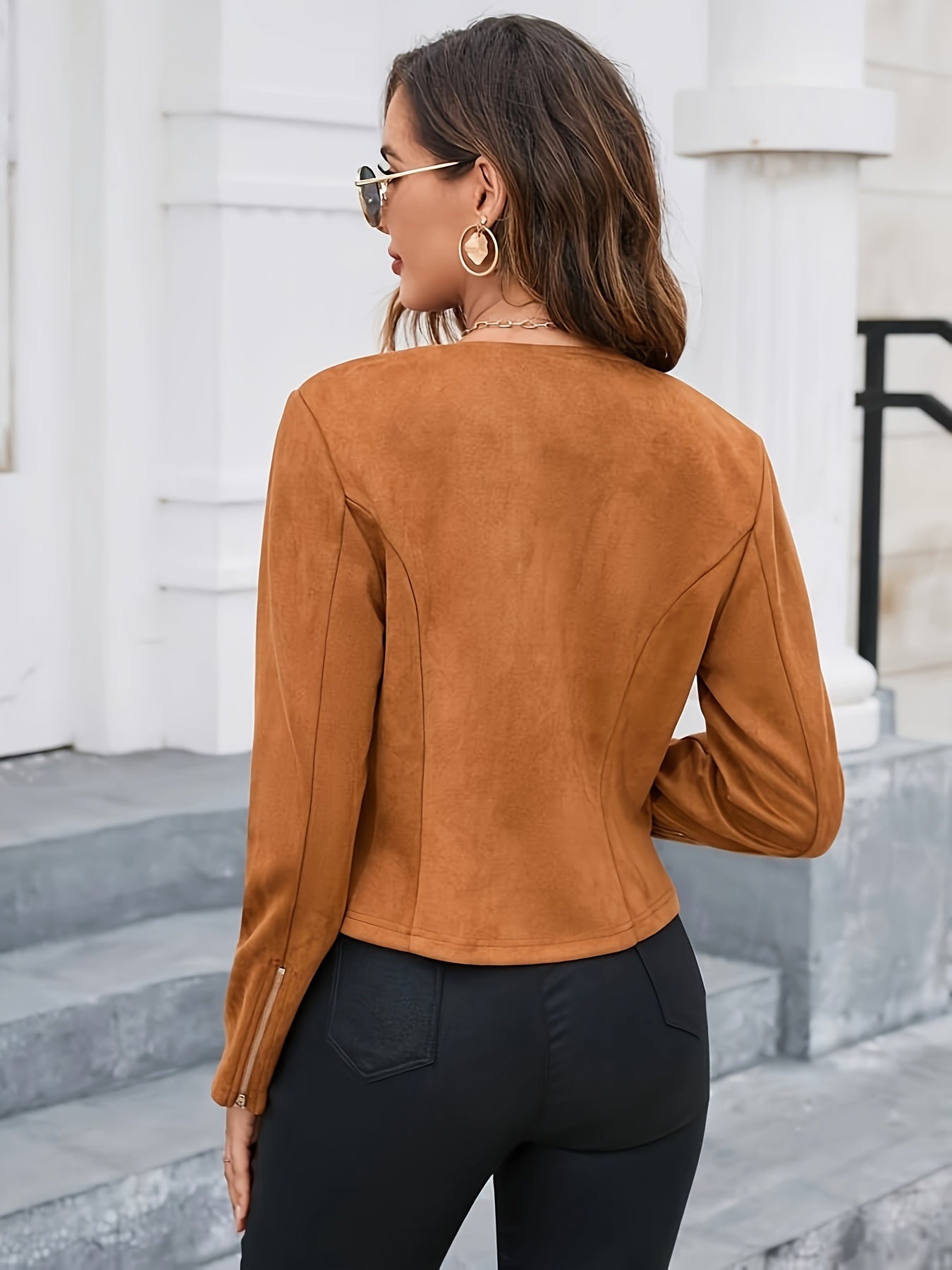 Sixsr Solid Color Zip-up Biker Jacket, Casual Long Sleeve Jacket, Women's Clothing