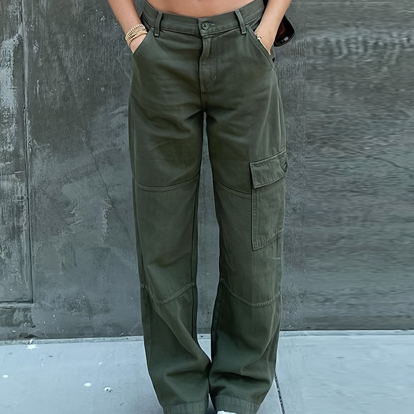 Sixsr Green Loose Fit Straight Jeans, Flap Muti-Pockets Wide Legs Non-Stretch Denim Pants, Women's Denim Jeans & Clothing