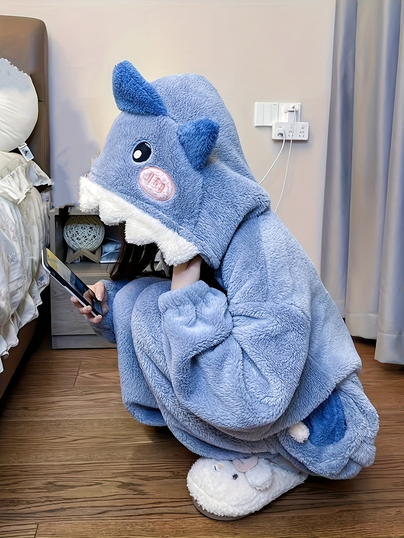 Sixsr Cartoon Shark Hooded Jumpsuit, Long Sleeve Zipper Fuzzy Pajamas, Women's Sleepwear & Loungewear