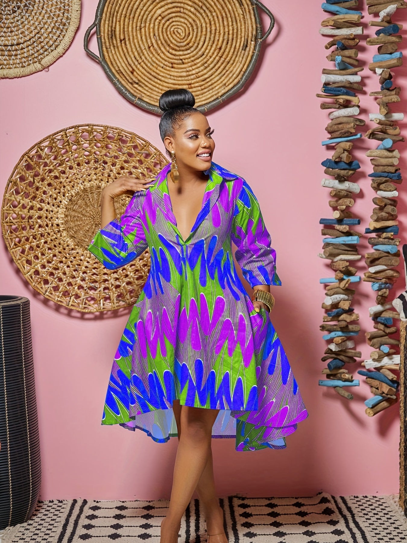 Sixsr Tribal Print Shirt Dress, Long Sleeve Casual Dress For Spring & Fall, Women's Clothing