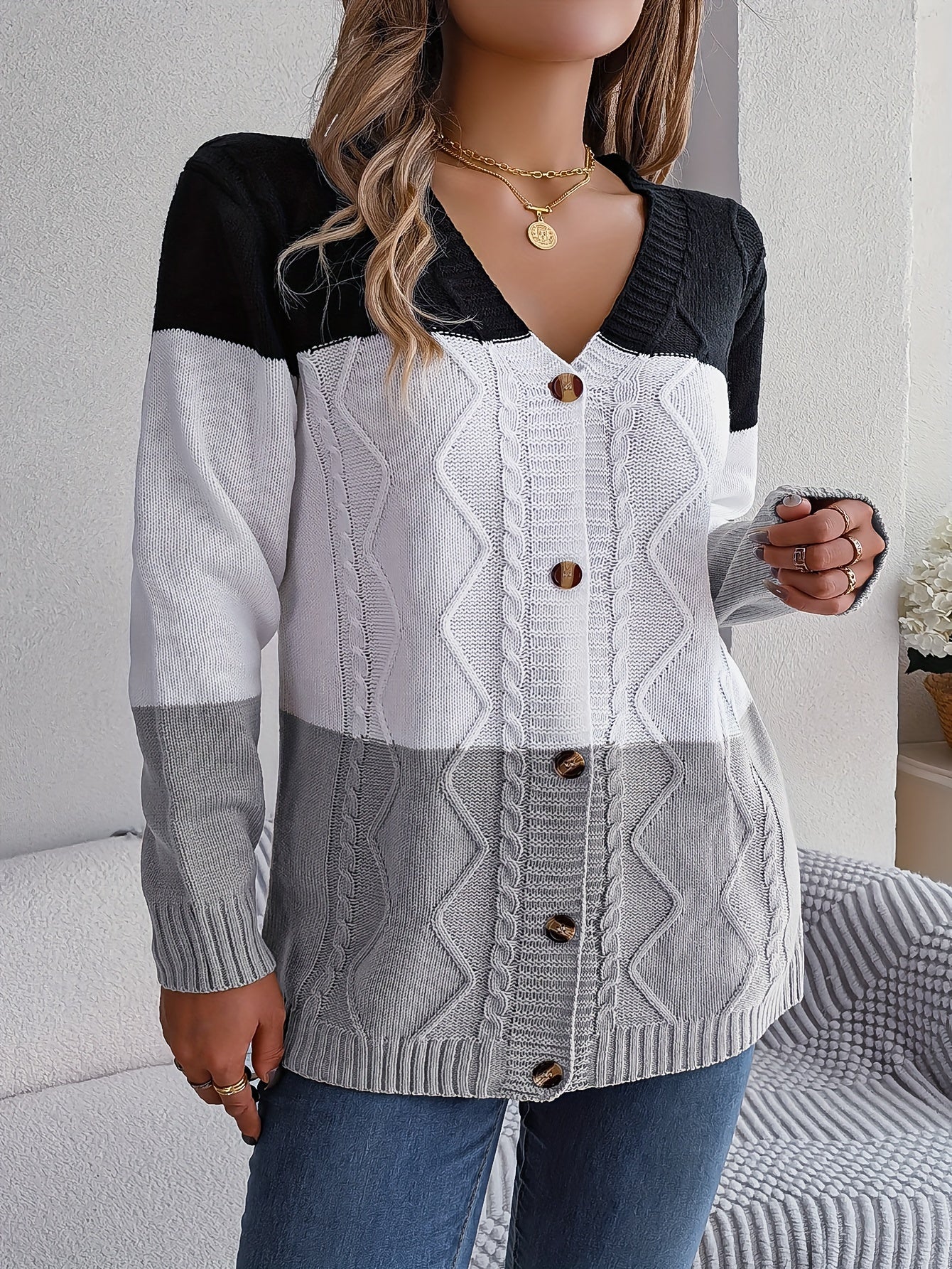 Sixsr Color Block Button Down Cable Knit Cardigan, Casual Long Sleeve V Neck Sweater, Women's Clothing