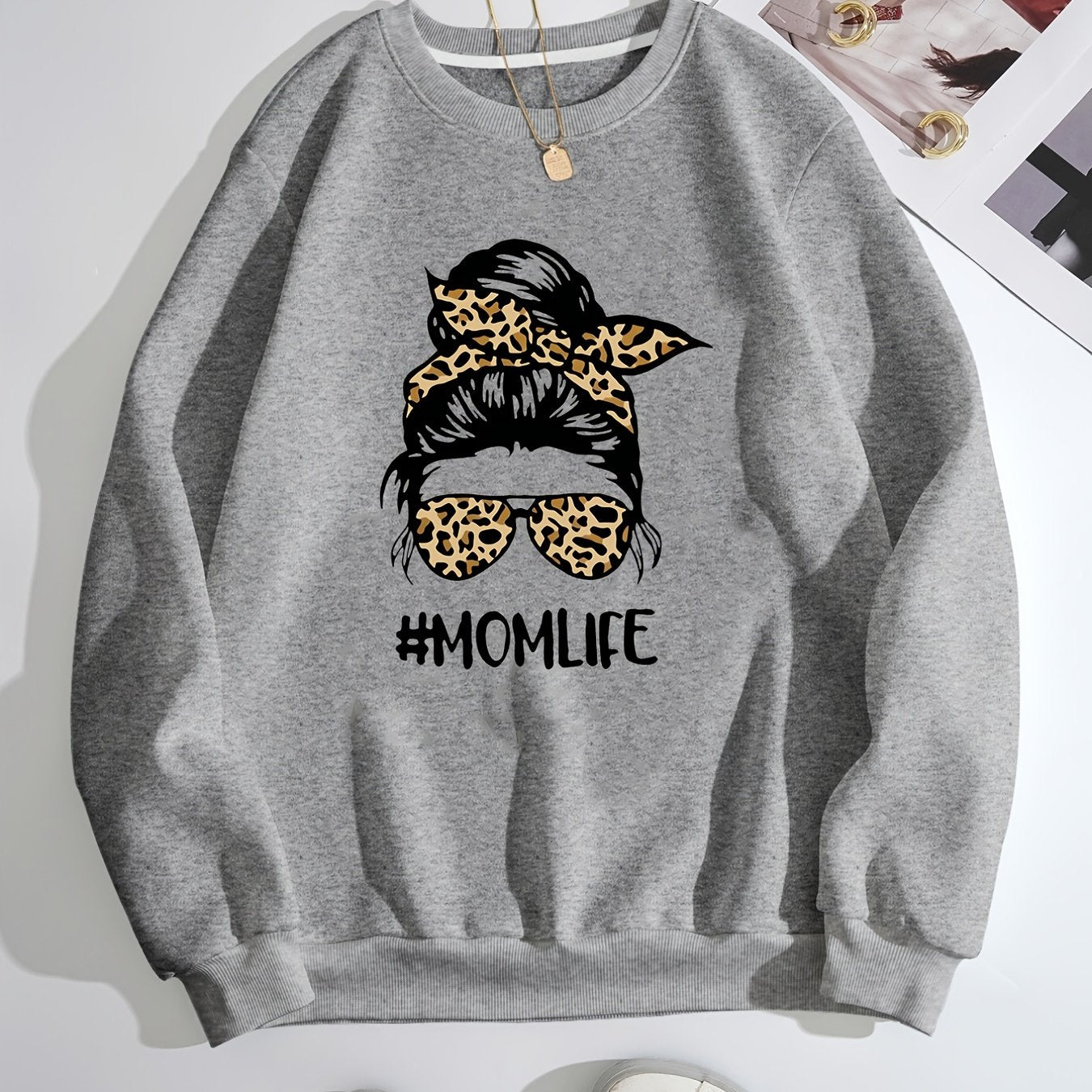Sixsr Girl Graphic Print Solid Pullover, Crew Neck Long Sleeve Casual Every Day Sweatshirt, Women's Clothing