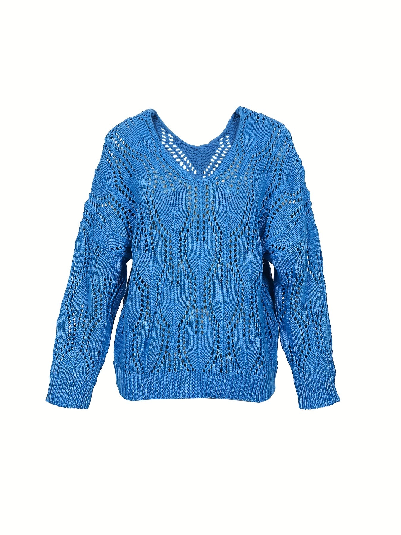 Sixsr Plus Size Casual Sweater, Women's Plus Solid Eyelet Embroidered Long Sleeve V Neck Slight Stretch Pullover Sweater