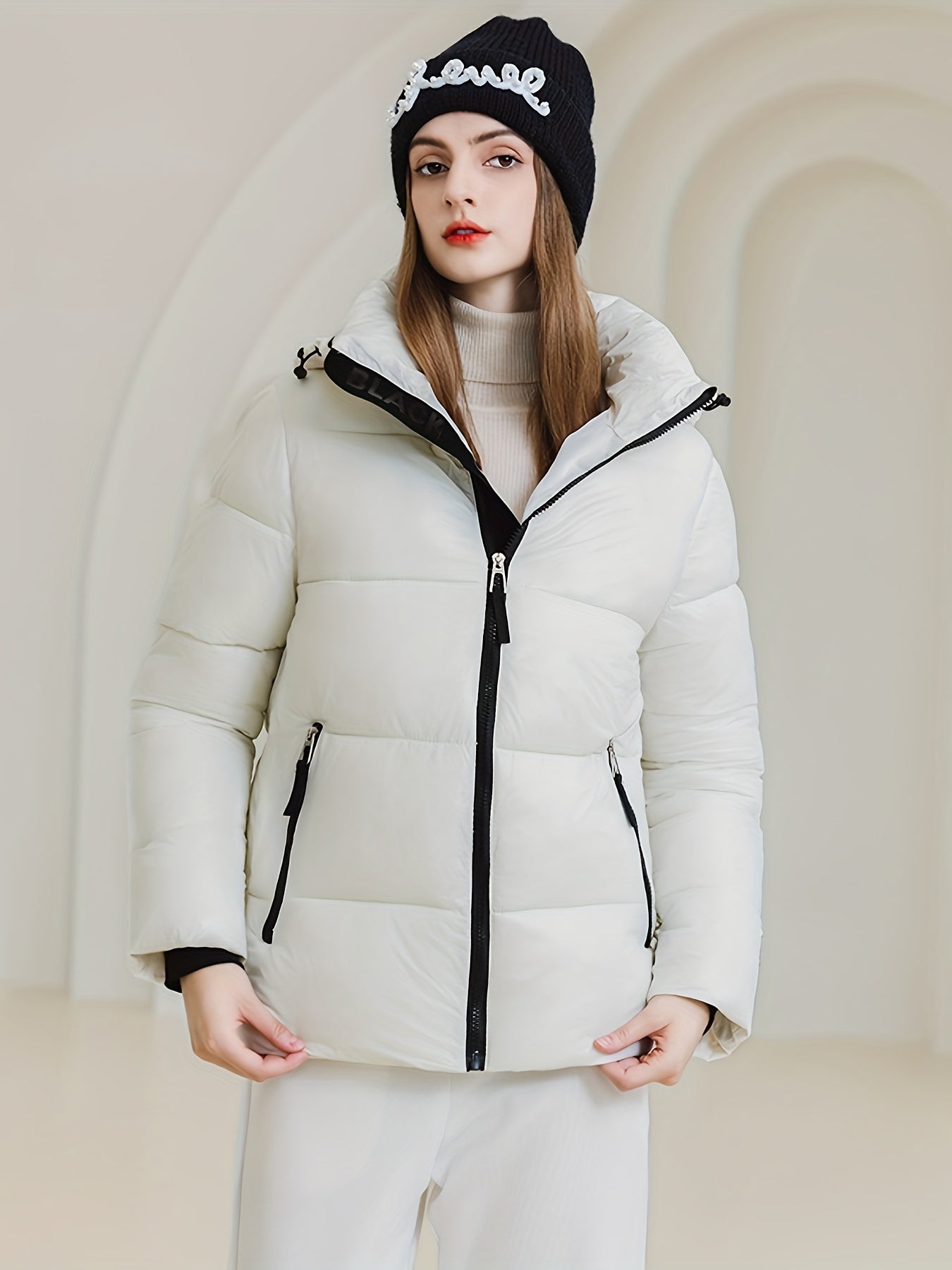 Sixsr Solid Zipper Front Hooded Coat, Versatile Long Sleeve Warm Winter Outwear, Women's Clothing