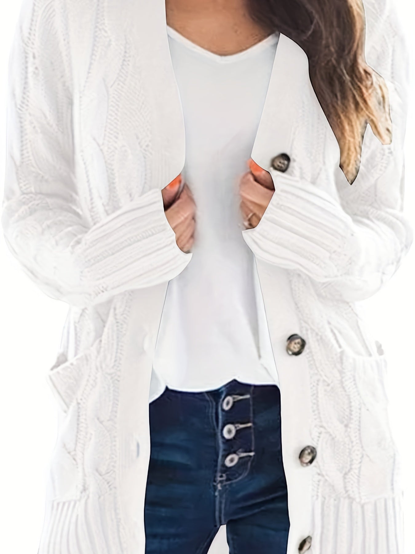 Sixsr Cable Knit Button Front Cardigan, Casual Solid Long Sleeve Cardigan For Fall & Winter, Women's Clothing