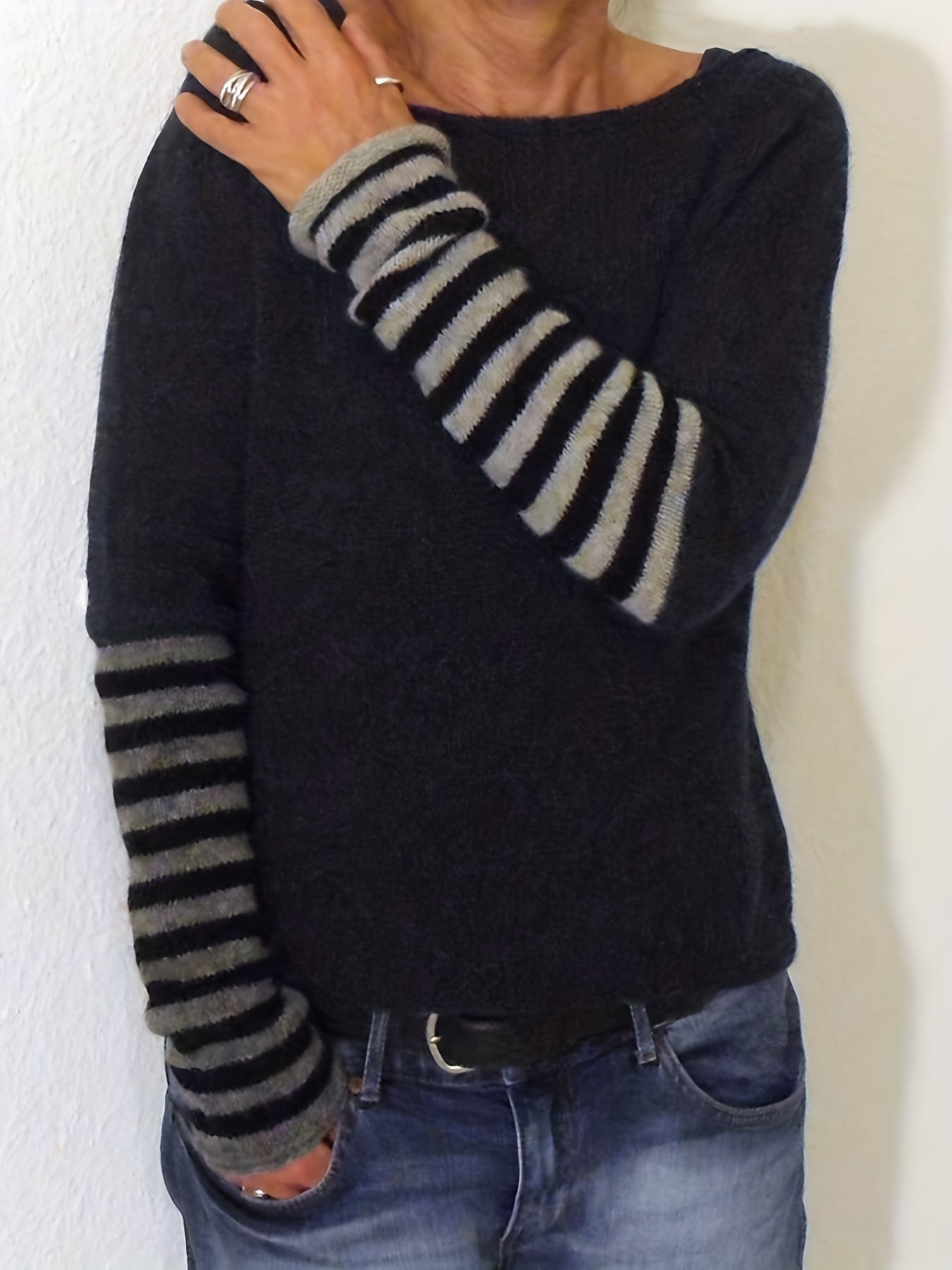 Sixsr Plus Size Casual Sweater, Women's Plus Colorblock Stripe Print Long Sleeve Boat Neck Sweater