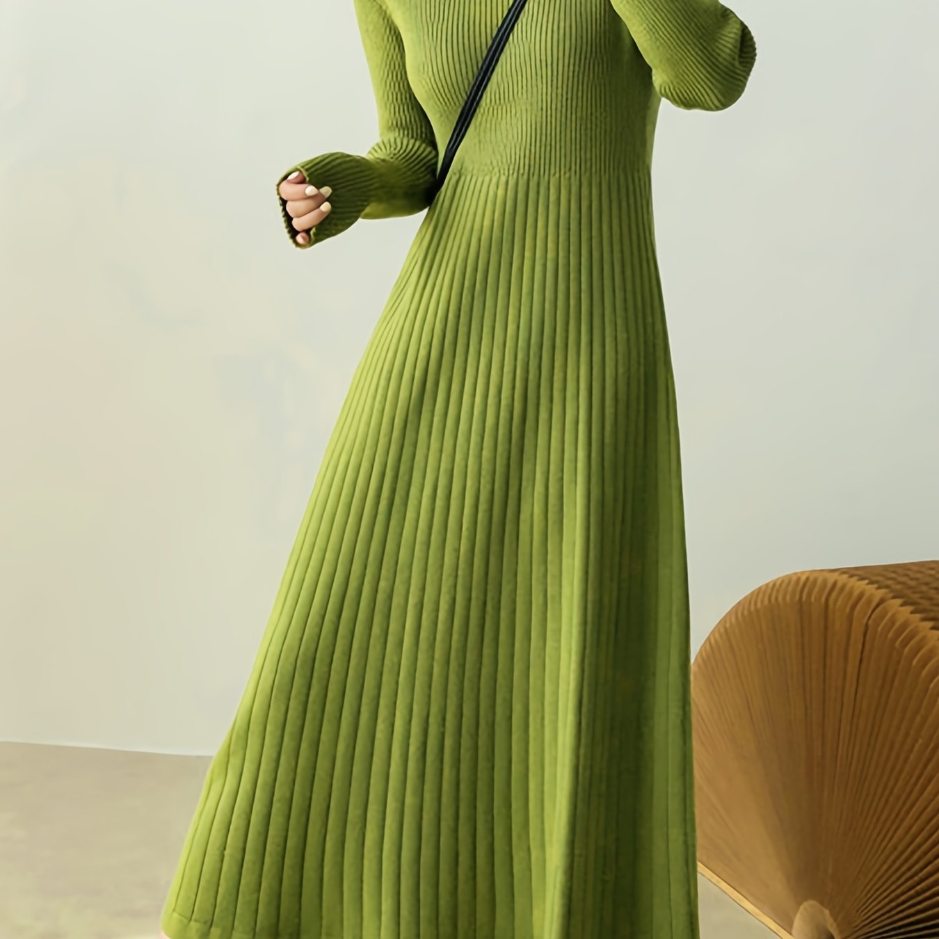 Sixsr Solid Ribbed Midi Dress, Elegant Mock Neck Long Sleeve Dress, Women's Clothing