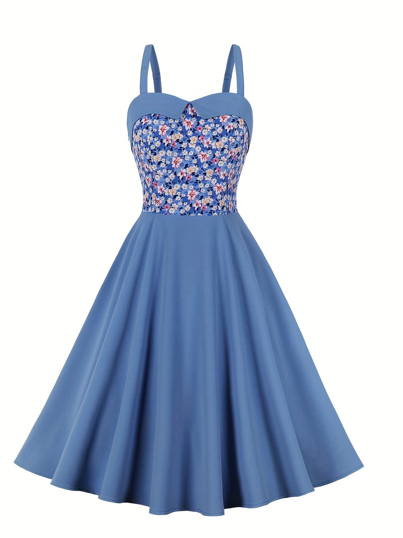 Plus Size Casual Dress, Women's Plus Colorblock Ditsy Floral Print Adjustable Strap Shirred Sweetheart Neck A-line Maxi Cami Dress