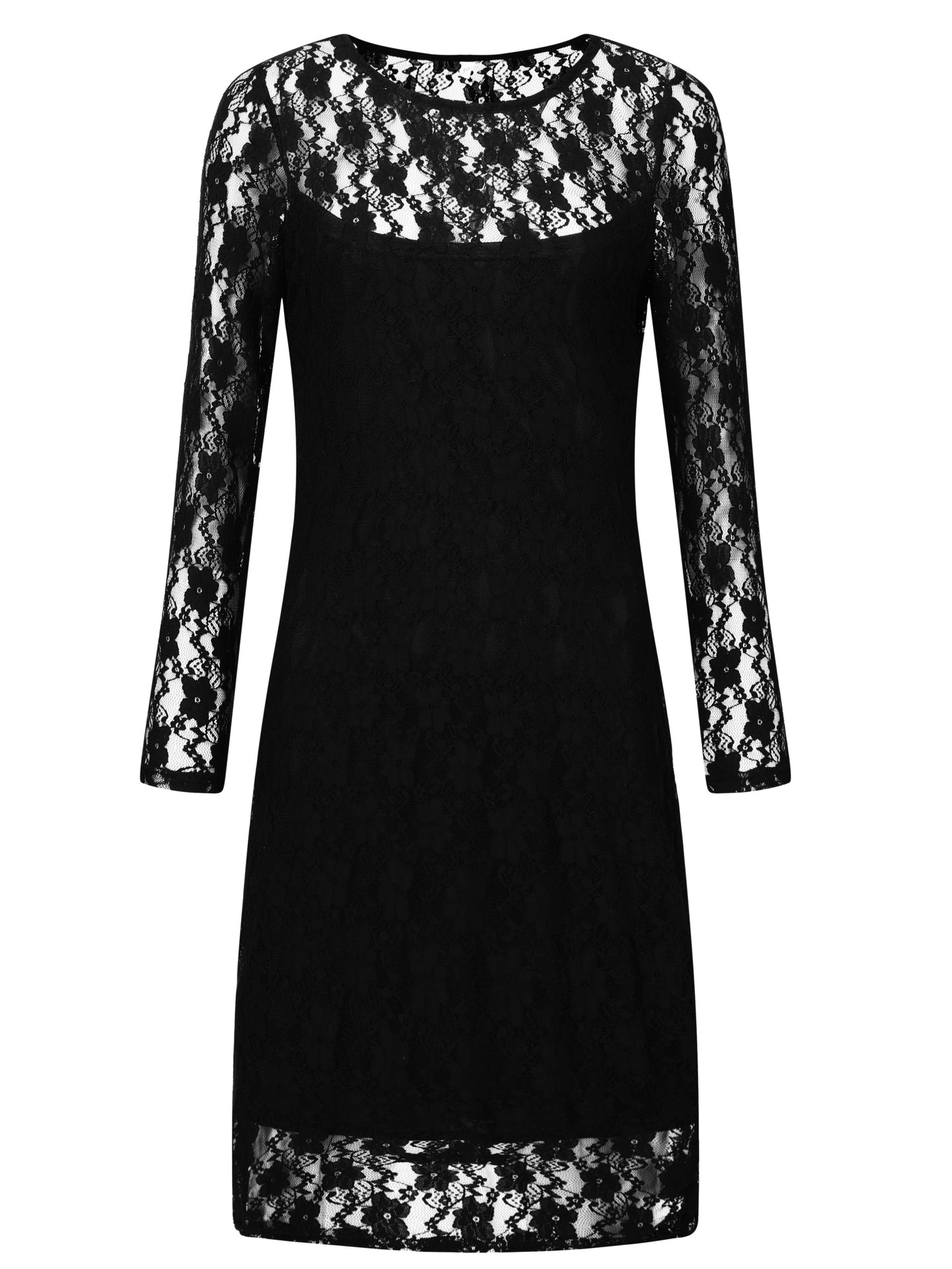 Sixsr Solid Crew Neck Contrast Lace Dress, Casual Long Sleeve Bodycon Dress, Women's Clothing