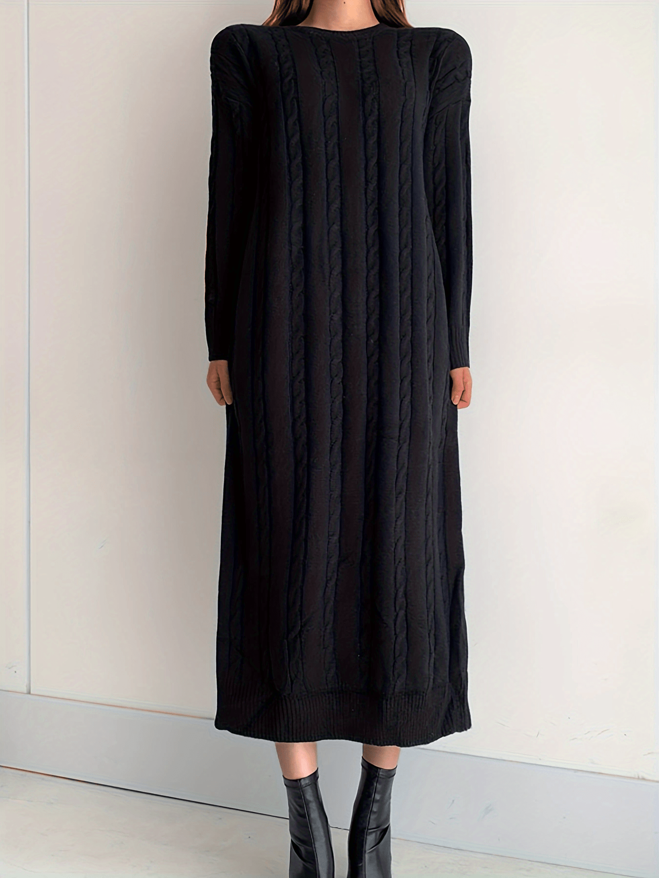 Sixsr Solid Cable Knit Sweater Dress, Casual Long Sleeve Midi Dress, Women's Clothing
