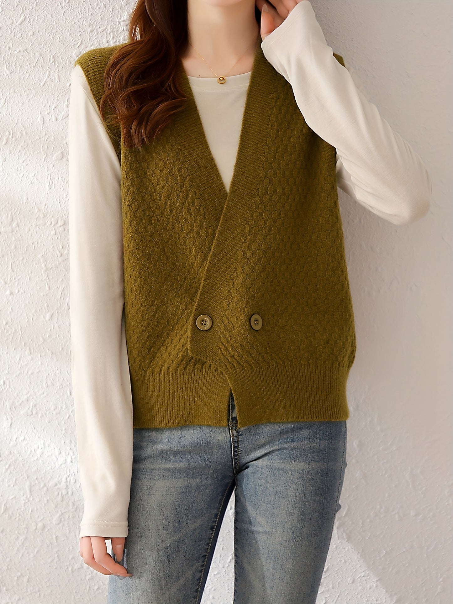 Sixsr Solid Button Front Vest, Vintage V Neck Sleeveless Vest, Women's Clothing