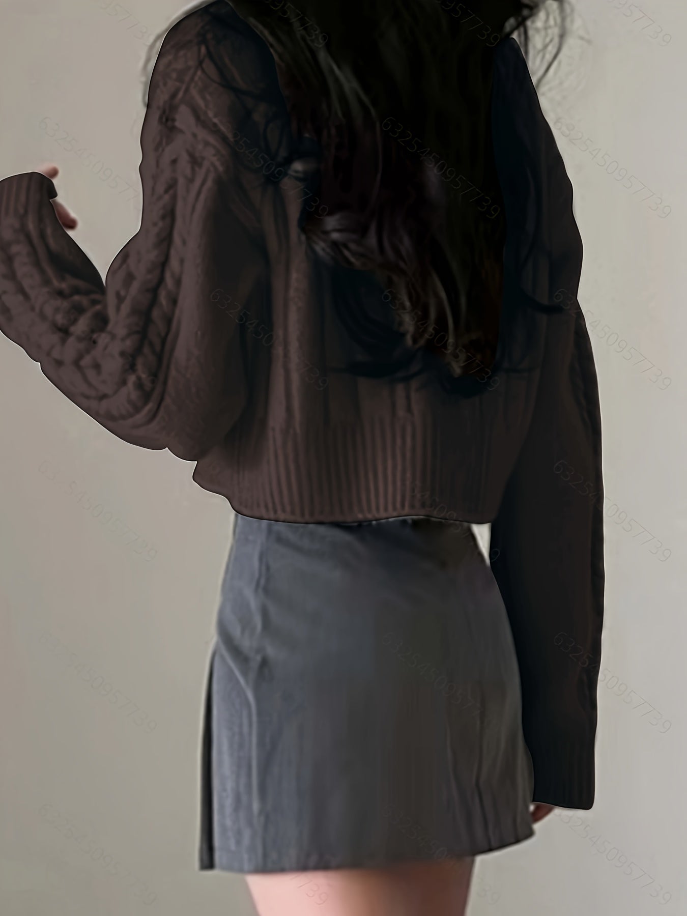 Sixsr Solid Zip Up Cable Knit Cardigan, Casual Turndown Collar Long Sleeve Crop Sweater, Women's Clothing