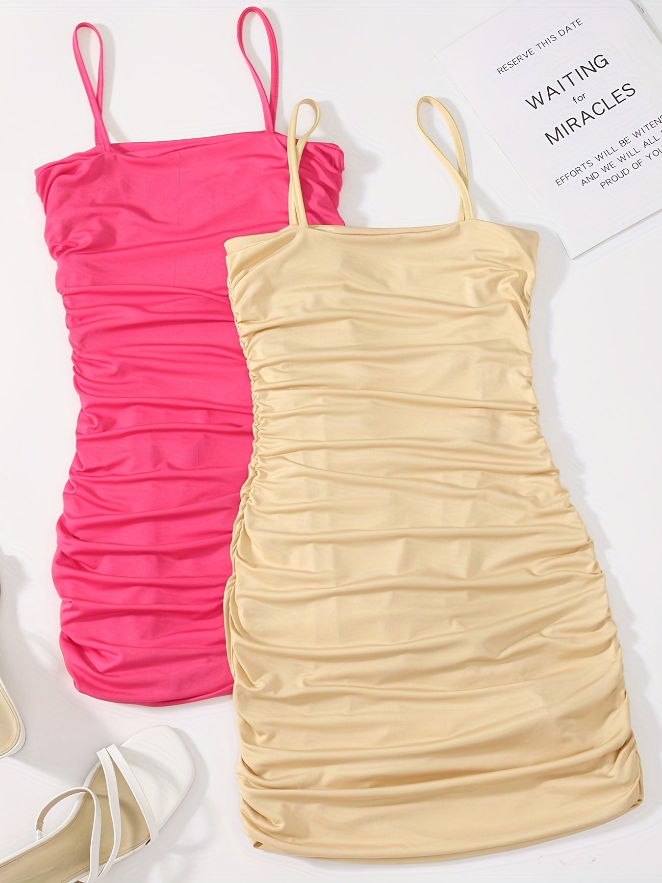Sixsr 2pcs Solid Bodycon Cami Dress Set, Casual Every Day Dress For Spring & Summer, Women's Clothing