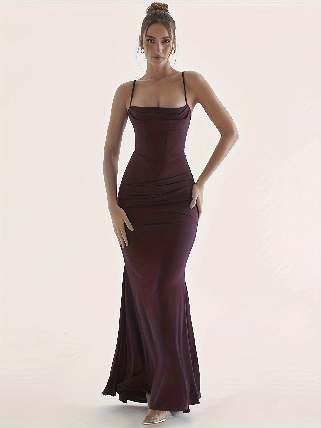Sixsr Solid Ruched Cami Dress, Sleeveless Bodycon Maxi Dress, Women's Clothing