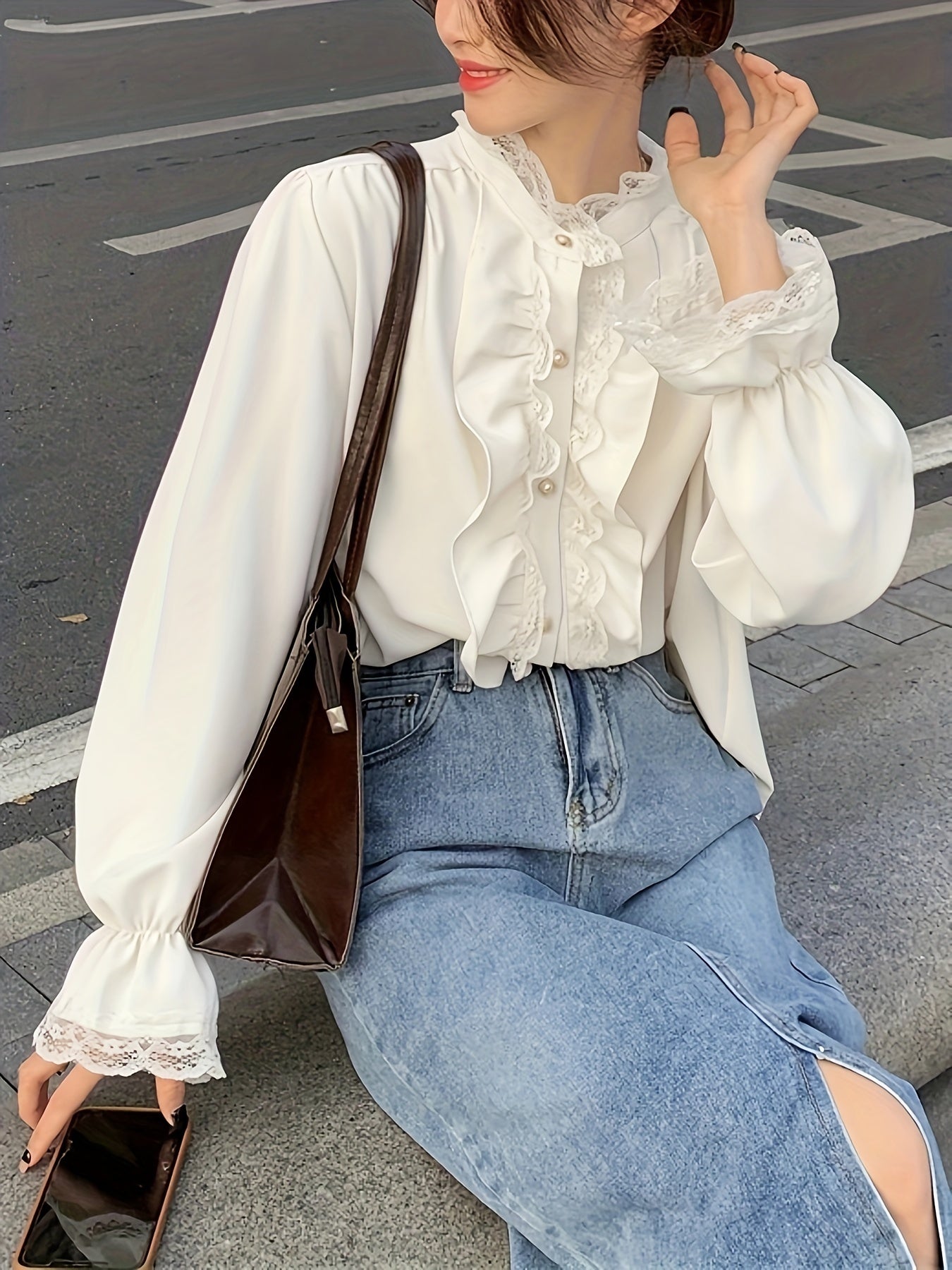 Sixsr Contrast Lace Ruffle Decor Blouse, Chic Button Front Long Sleeve Blouse, Women's Clothing