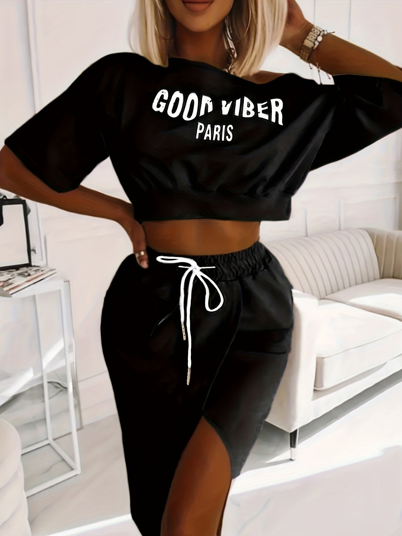 Plus Size Casual Outfits Two Piece Set, Women's Plus Letter Print One Shoulder Short Sleeve Top & Drawstring Split Hem Knee Length Skirt Outfits 2 Piece Set