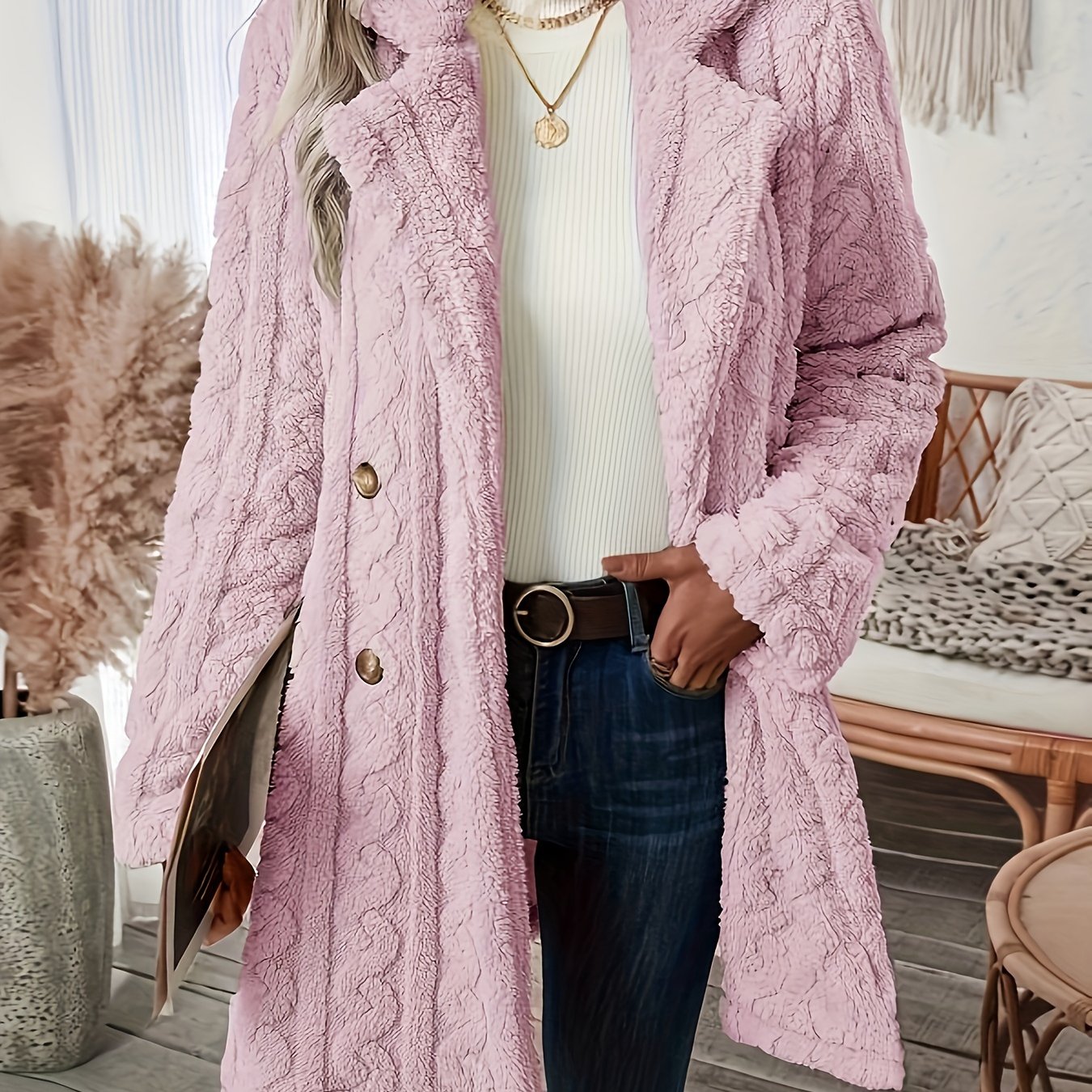 Sixsr Double-breasted Teddy Bear Coat, Casual Thermal Lapel Neck Long Sleeve Plush Jacket For Winter, Women's Clothing